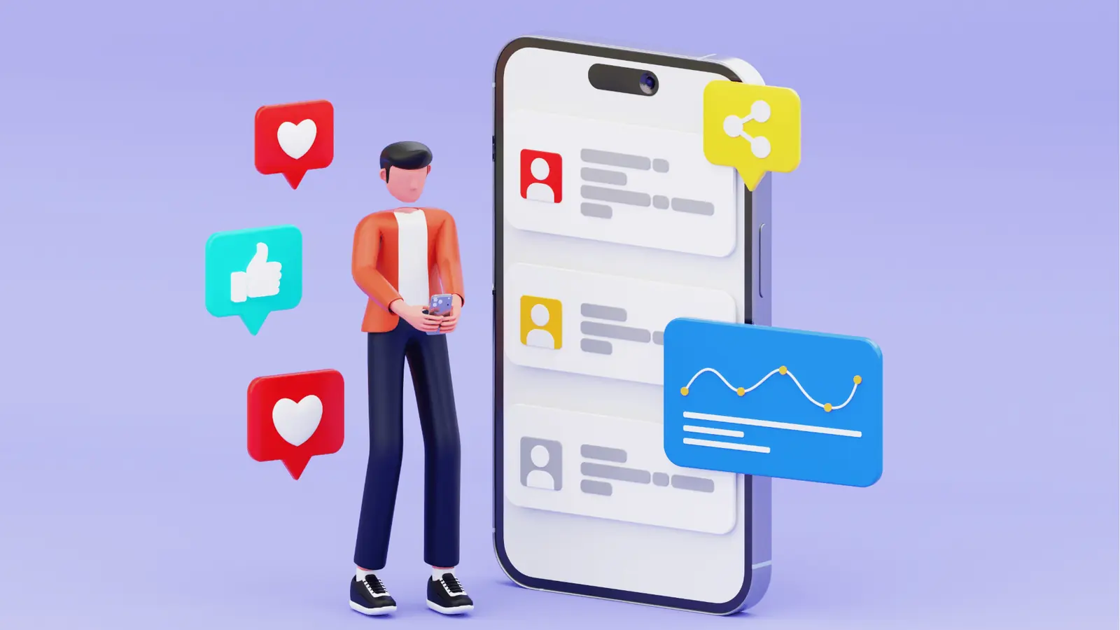 A 3D illustration of a person using a smartphone with social icons and an analytics chart