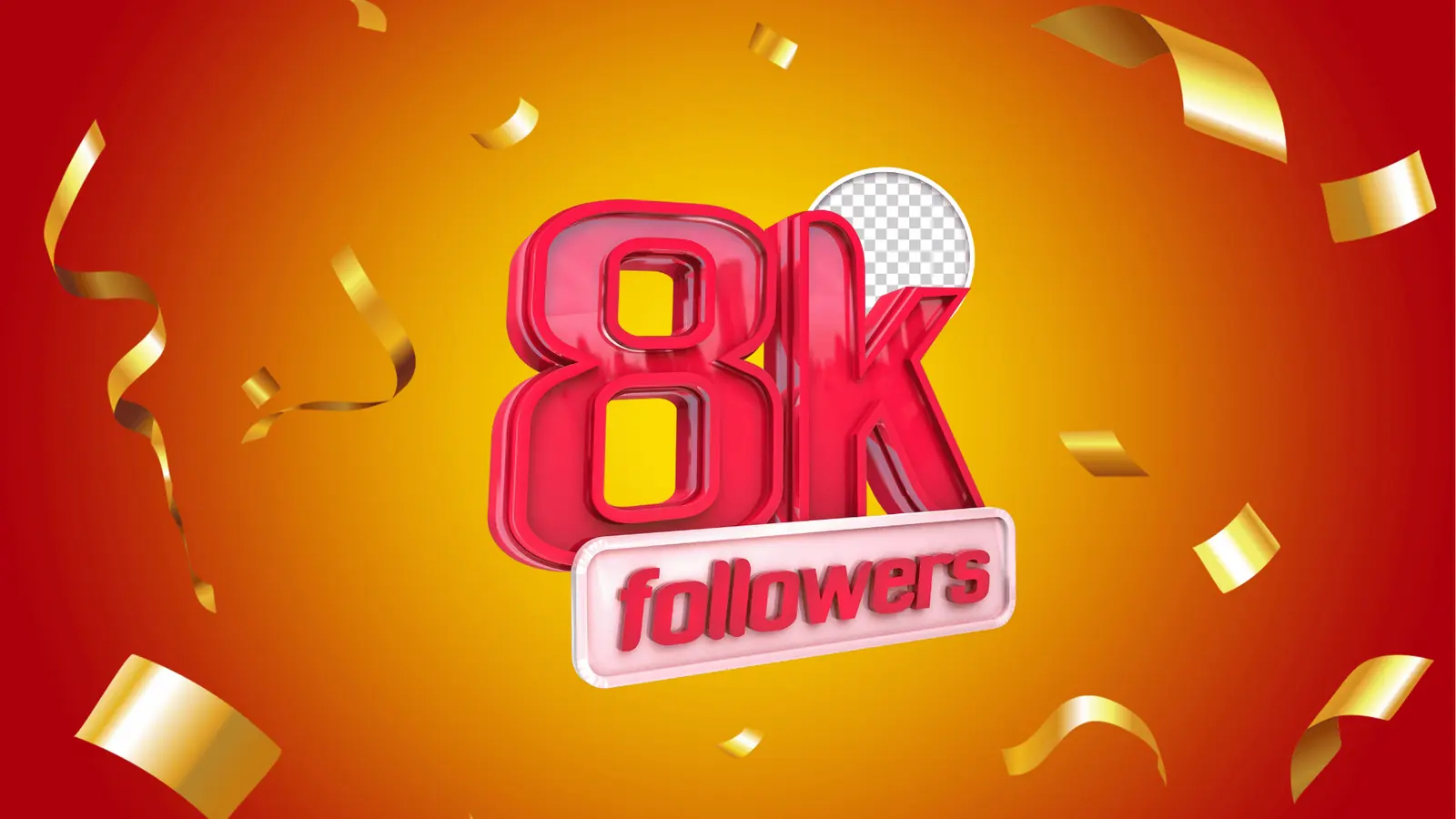 Red 3D 8K followers badge with gold confetti and transparent circle for content calendar
