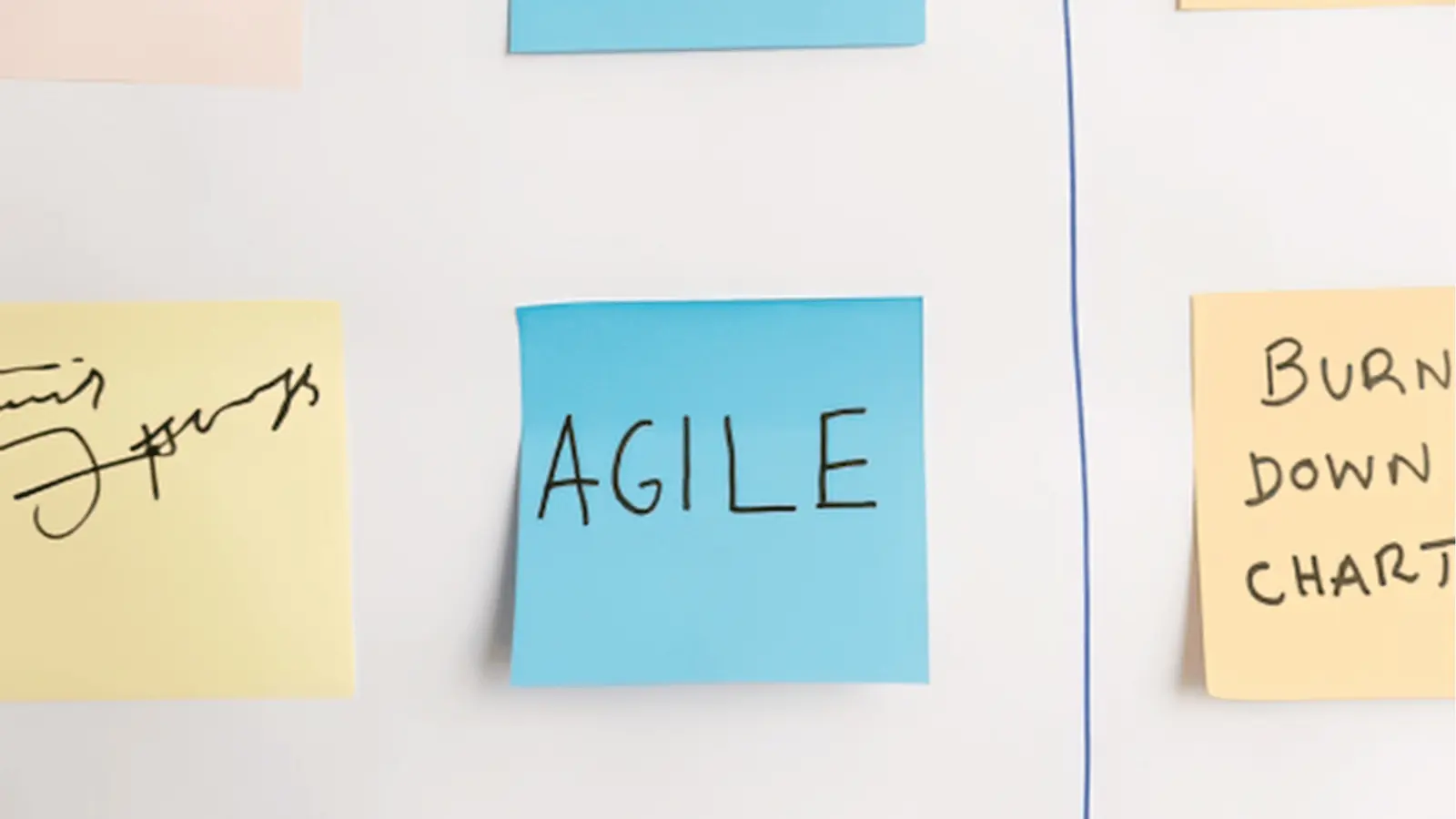 Blue sticky note reading 'AGILE' on whiteboard between other notes