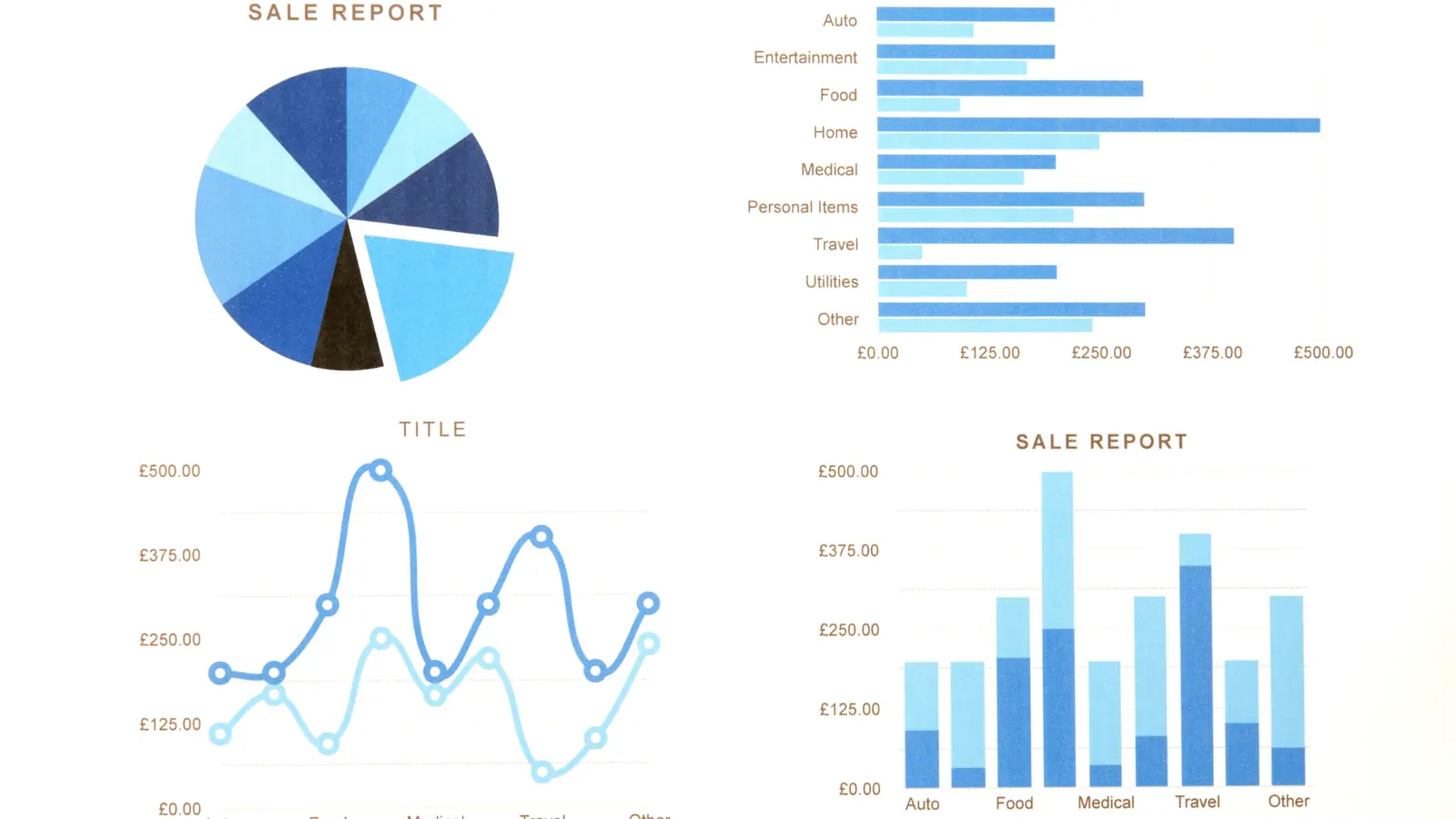 Blue-themed sales report image with pie chart bar chart and line chart