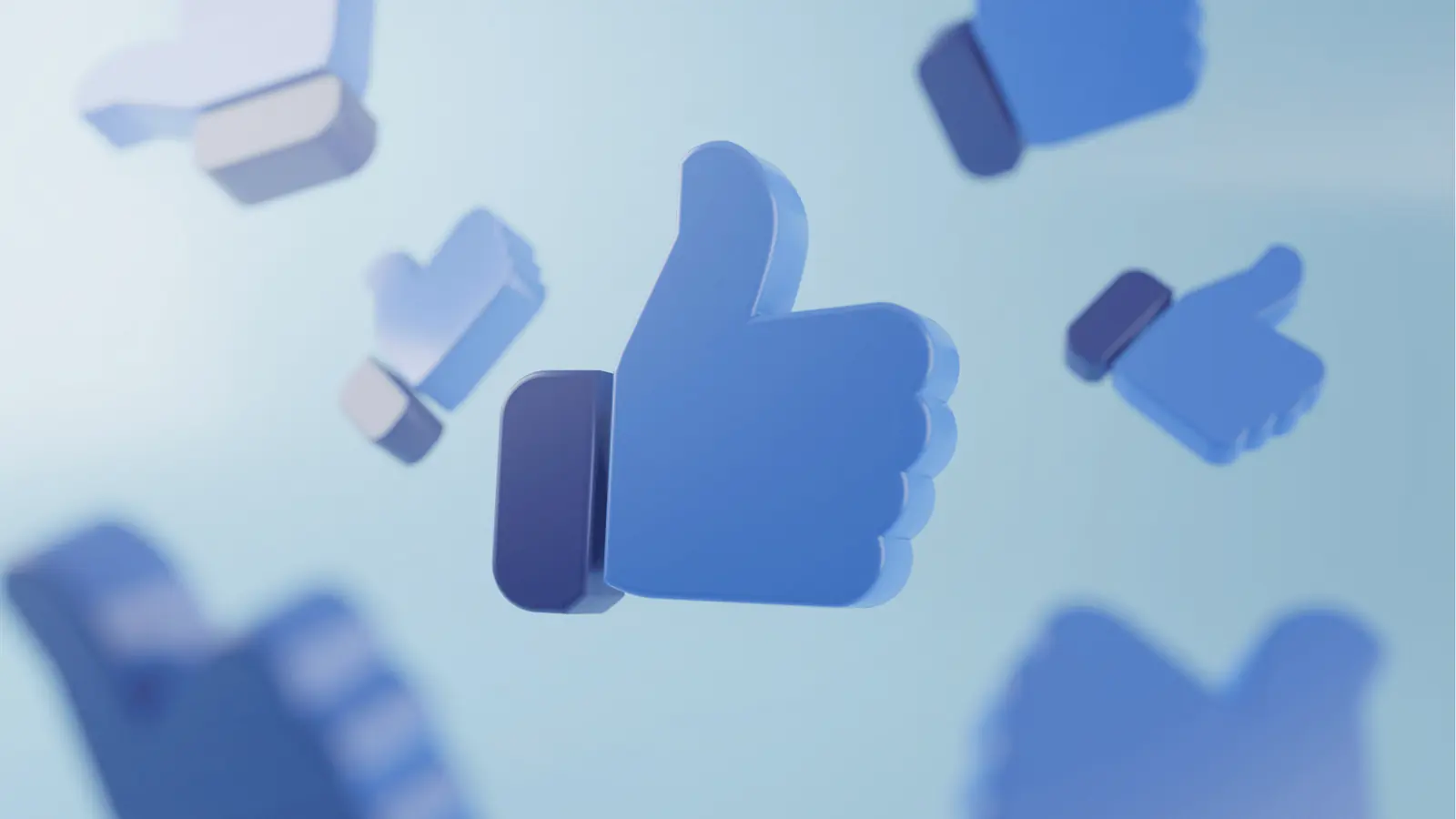 Blue 3D thumbs-up icons floating against a light blue background