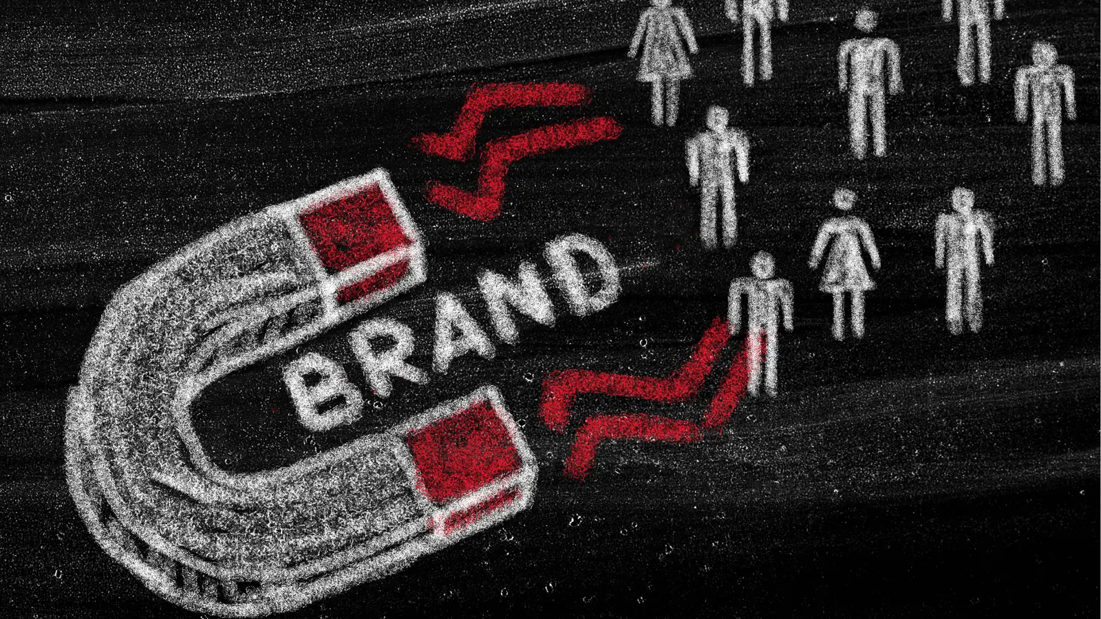 Chalkboard drawing of a U-shaped magnet labeled 'BRAND' attracting small people icons for approval workflow