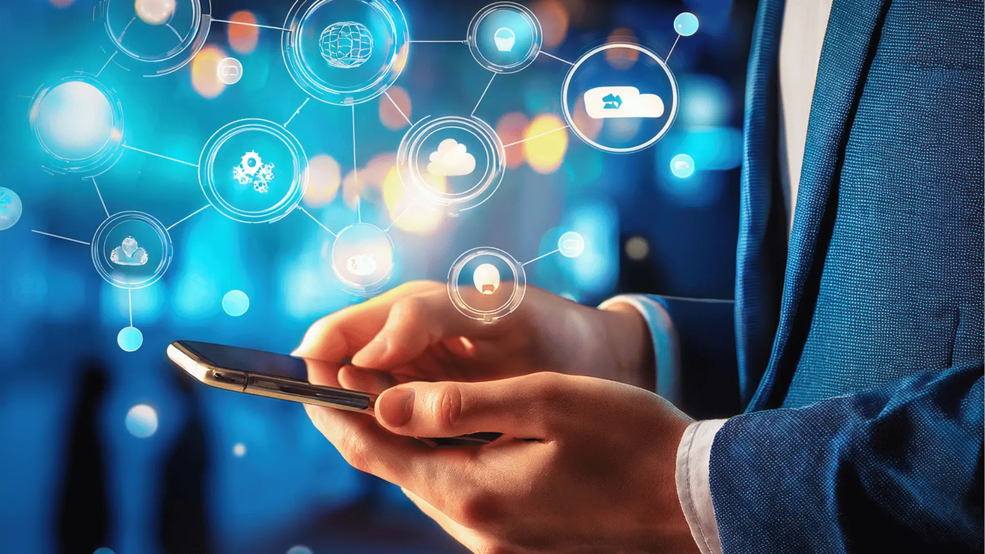 Hands of a man in a suit holding smartphone with floating cloud icons