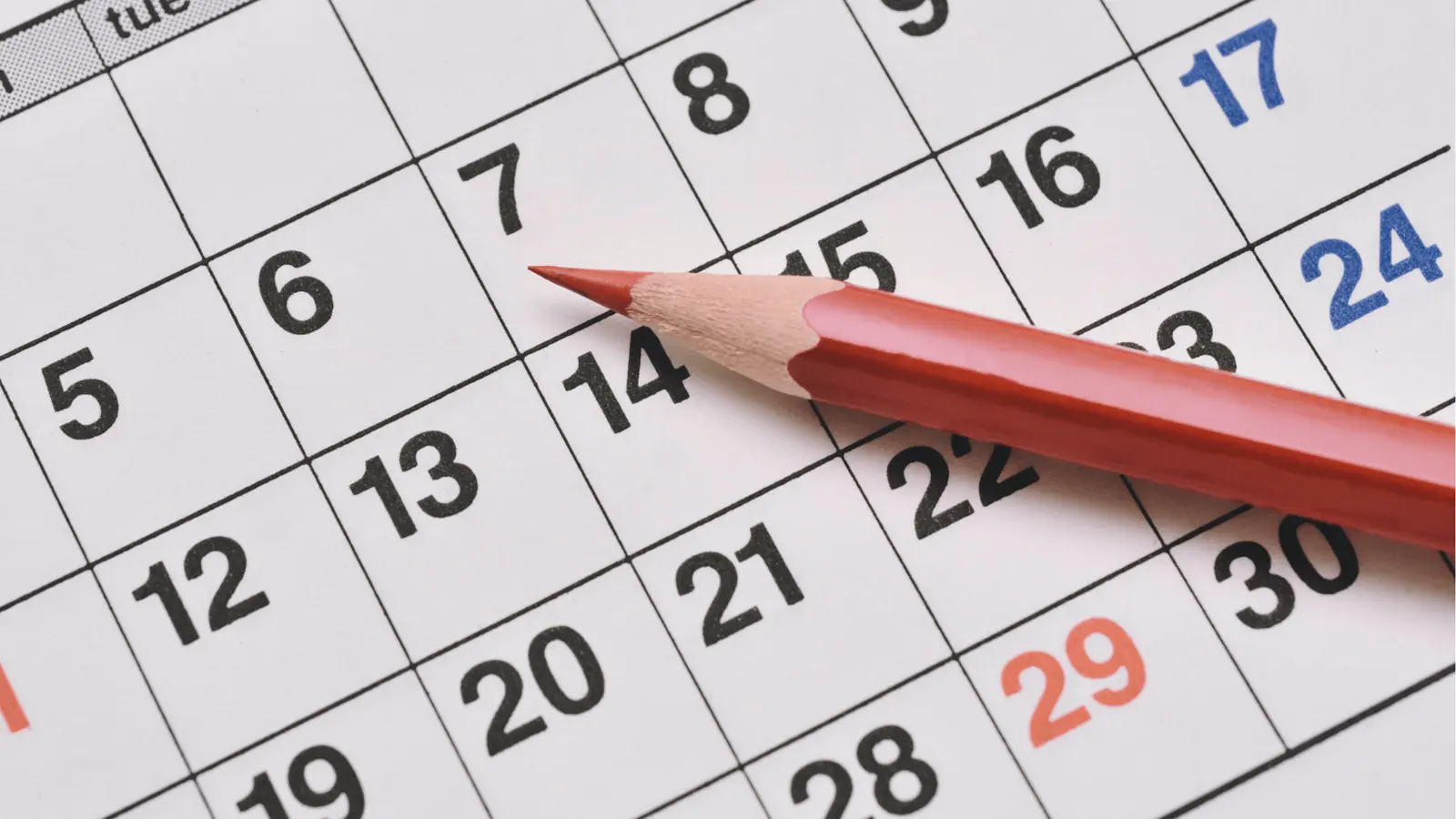 Close-up of printed monthly calendar with red pencil pointing at a date
