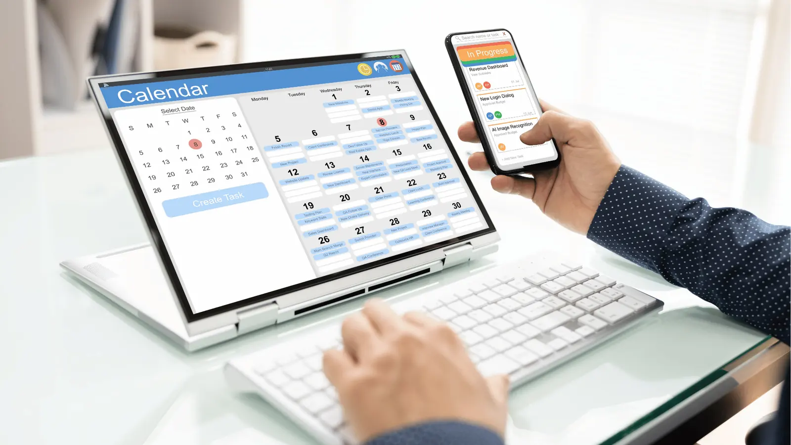 Person using phone and convertible laptop showing calendar and task app