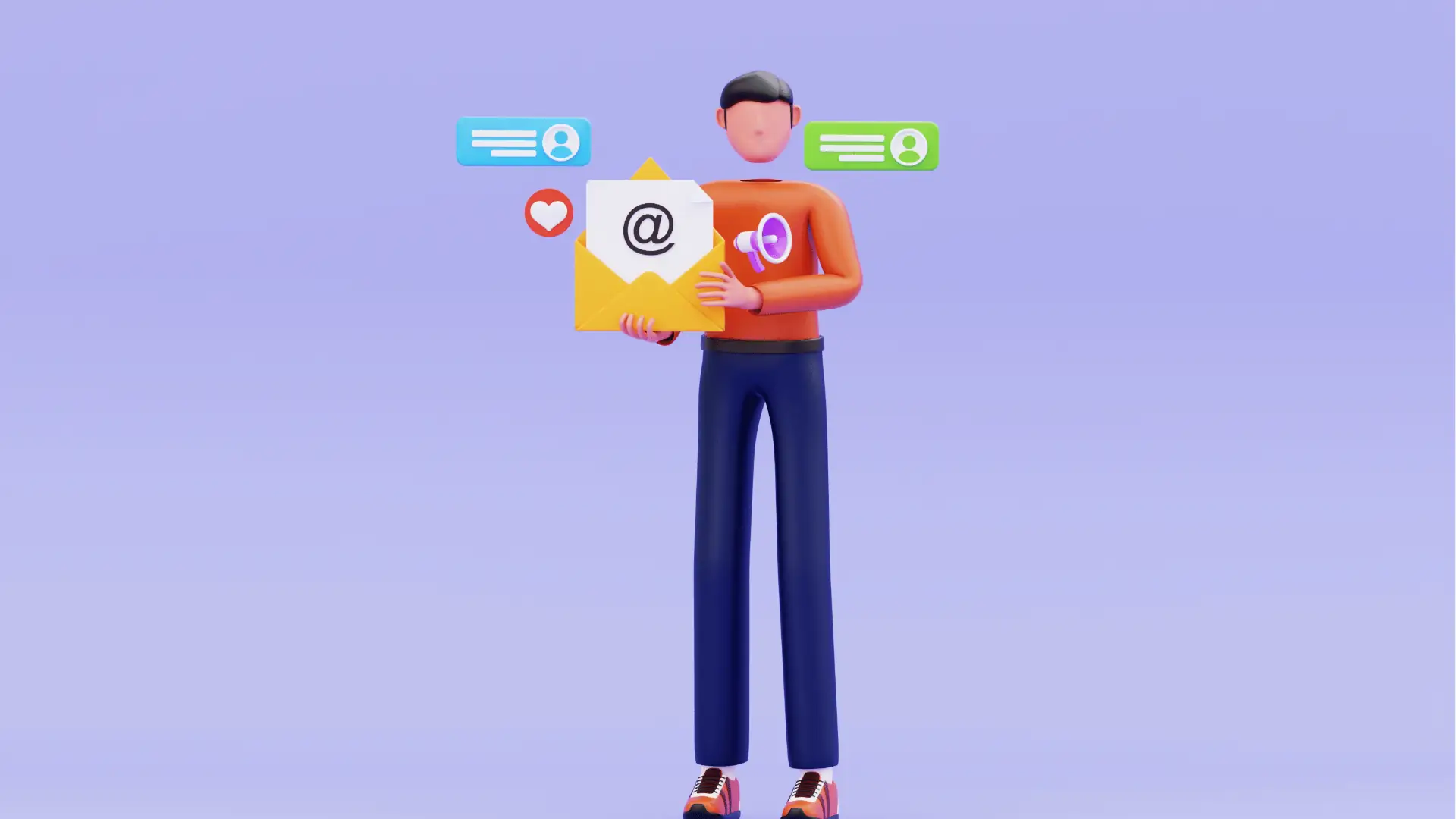 Stylized person holding envelope with email symbol and chat icons
