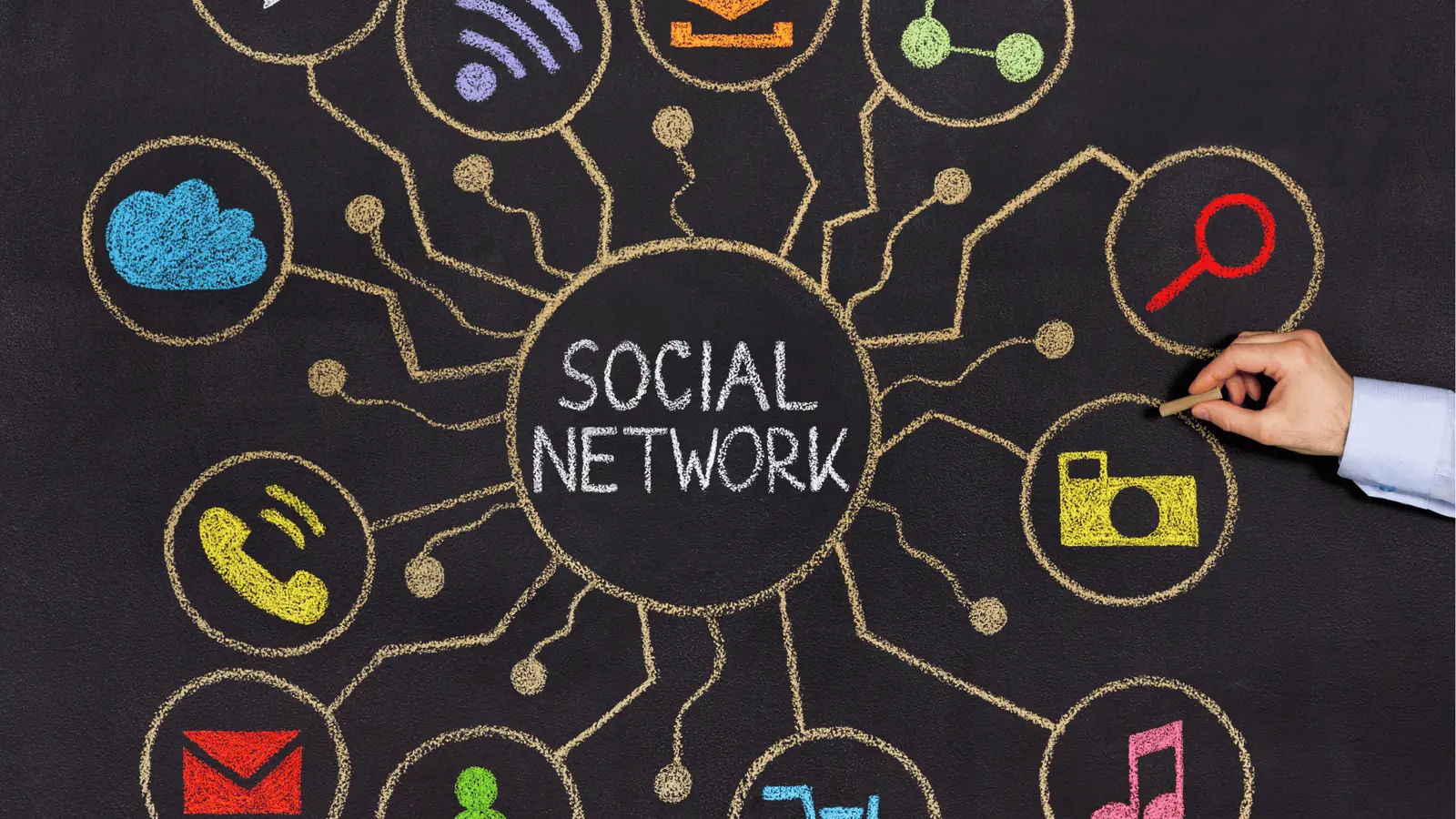 Hand drawing chalkboard diagram labeled social network with connected colorful icons for approval workflow
