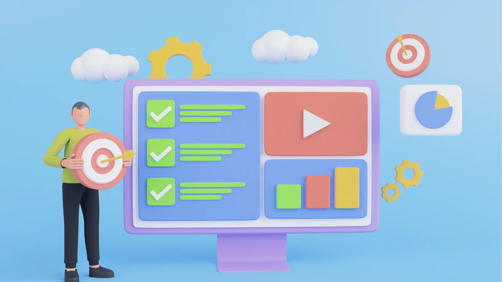 3D illustration of a computer dashboard with charts, checklist, and target