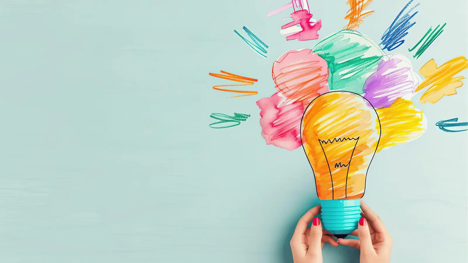 Hands holding colorful illustrated light bulb with paint splash background
