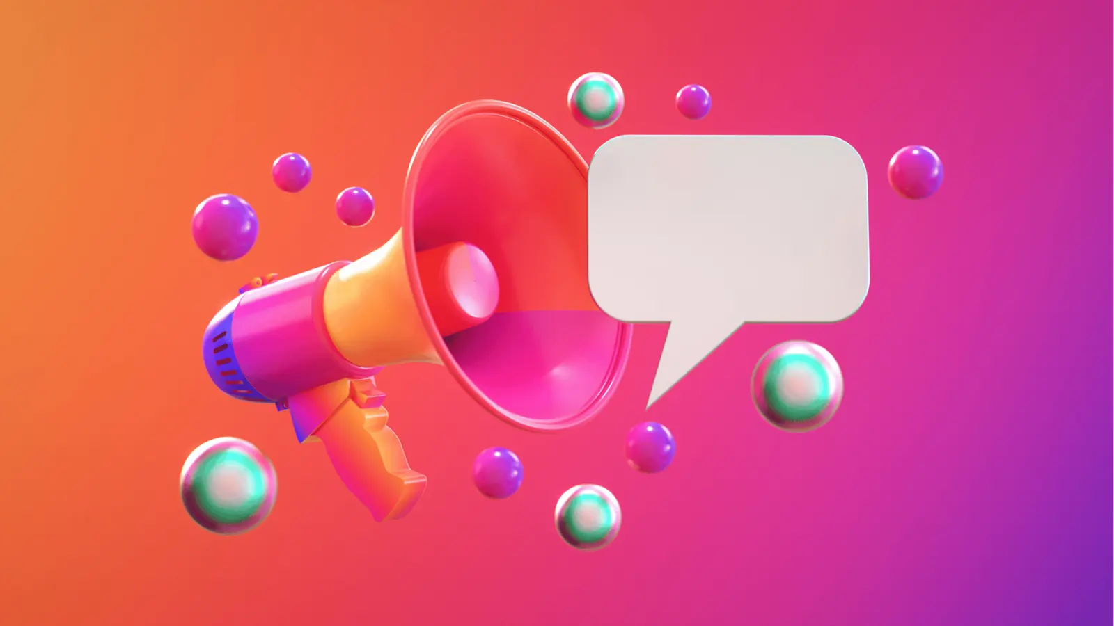 Bright 3D megaphone with blank speech bubble and floating colorful spheres for content calendar