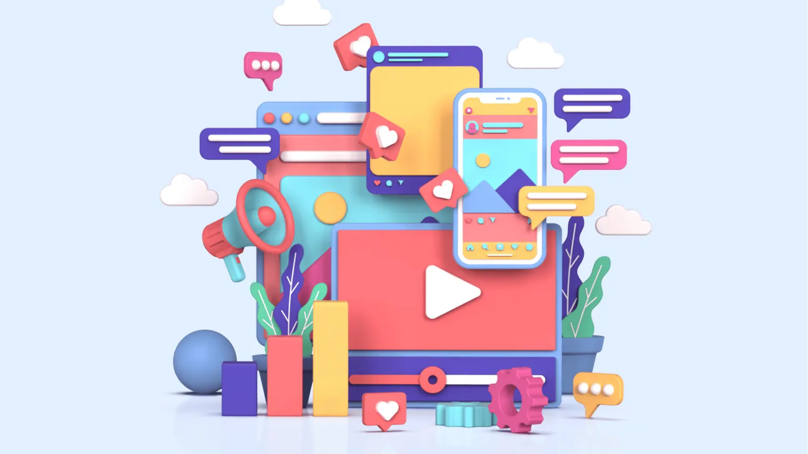 Colorful 3D illustration of devices, speech bubbles, like icons, and megaphone