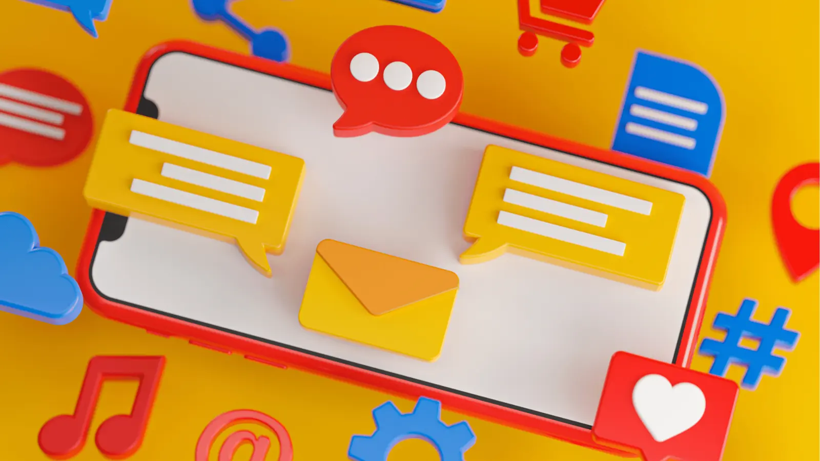 Colorful 3D smartphone with floating chat bubbles, envelope and social icons for content calendar