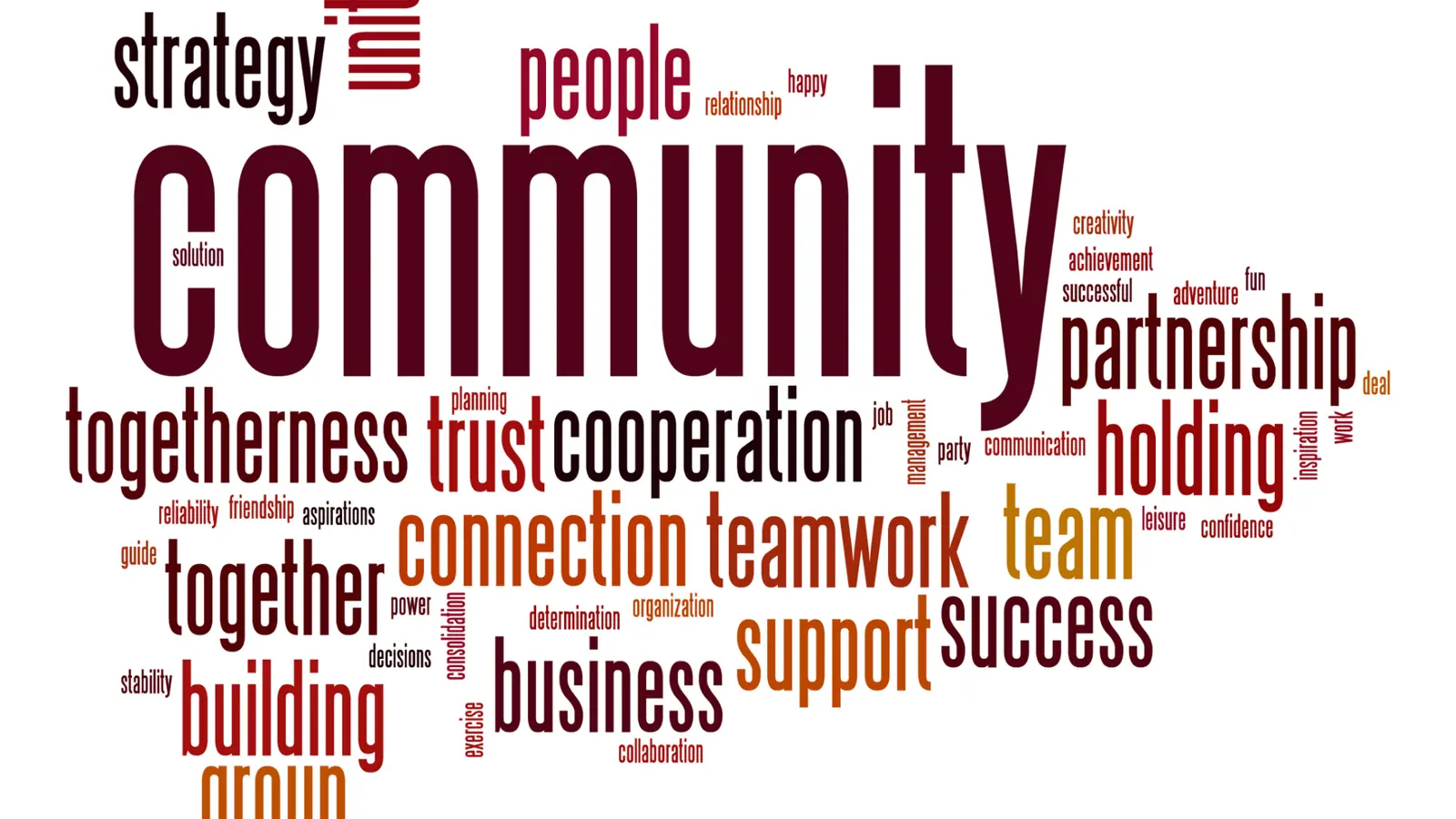 Word cloud graphic with community teamwork connection partnership words in burgundy and orange for approval workflow