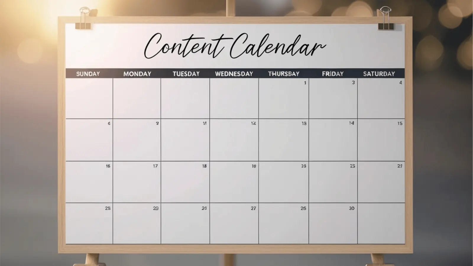 Blank monthly content calendar on wooden easel with empty date boxes for creative brief