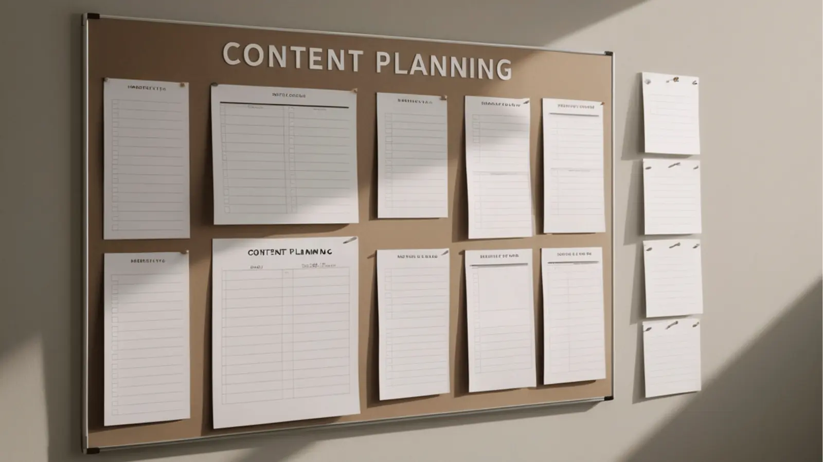 Cork bulletin board with pinned planning sheets under CONTENT PLANNING header
