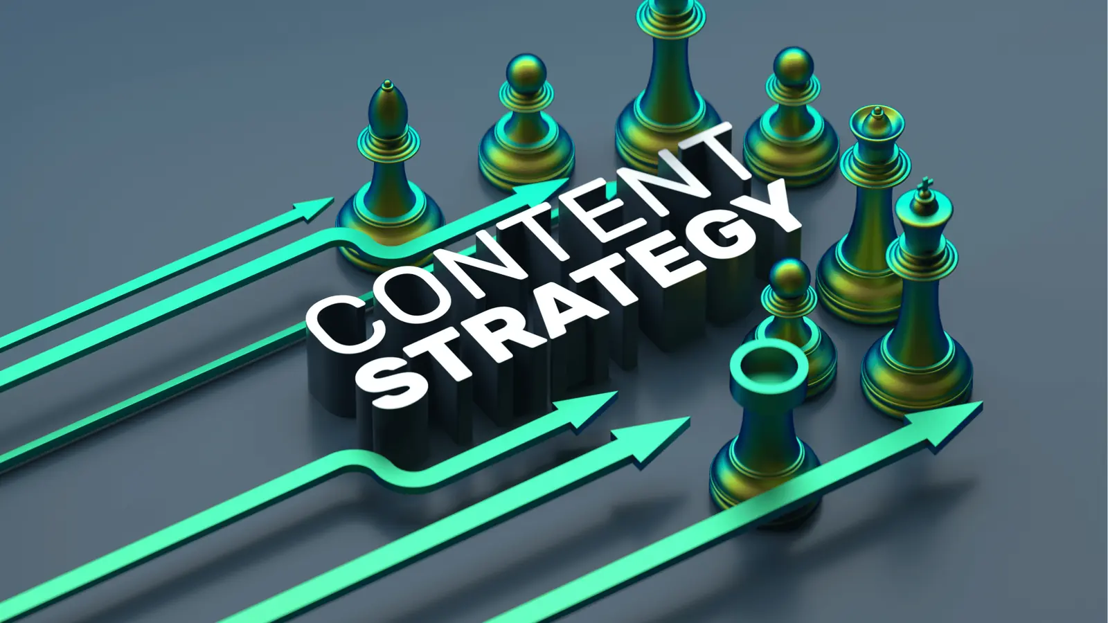 3D chess pieces and teal arrows around bold text reading Content Strategy