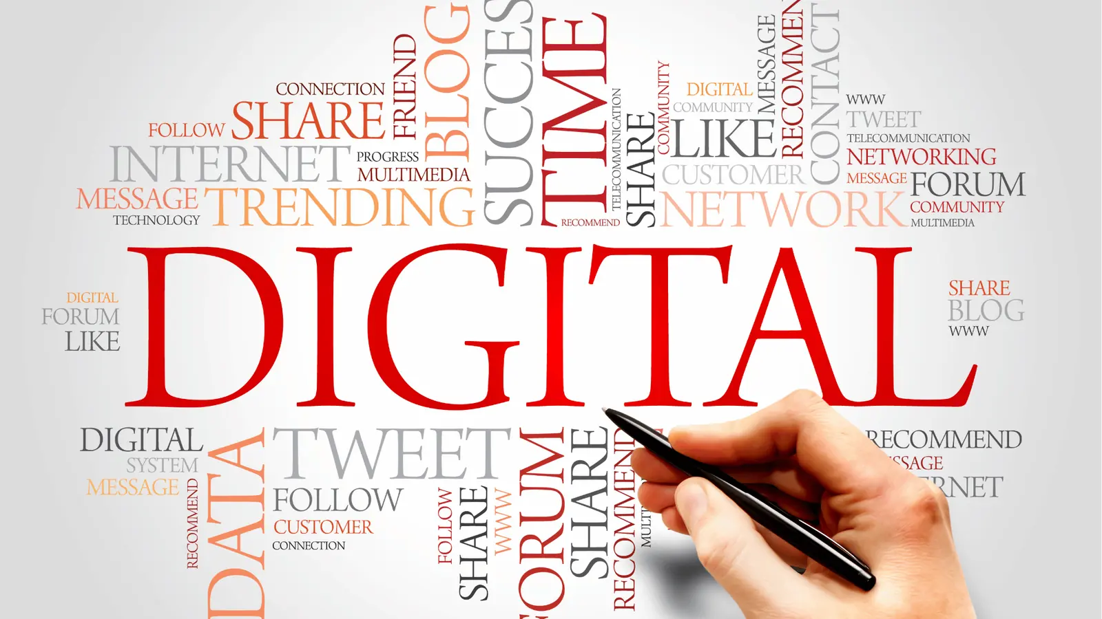 Hand holding pen over word cloud centered on word DIGITAL for planning