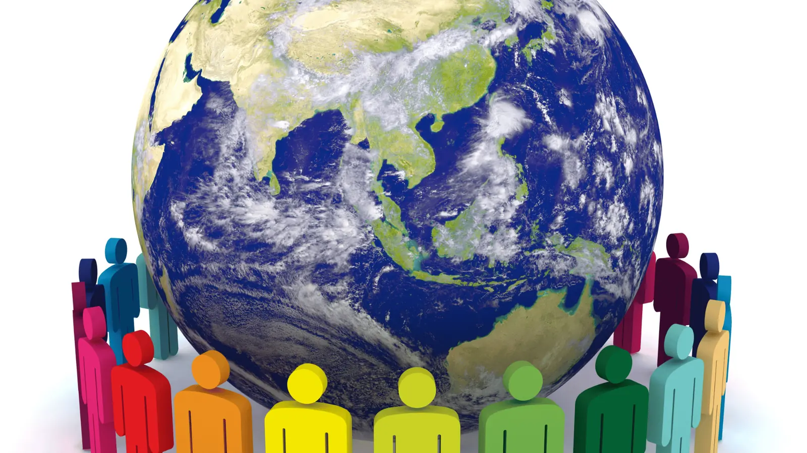 Three-dimensional Earth globe surrounded by colorful stylized people standing in a circle