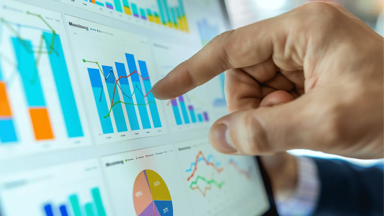 Close-up of hand pointing at colorful charts and graphs on a touchscreen