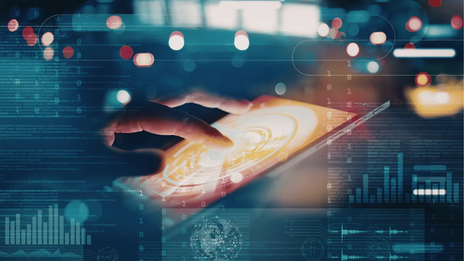 Hand touching tablet with glowing circular interface and overlaid data visuals