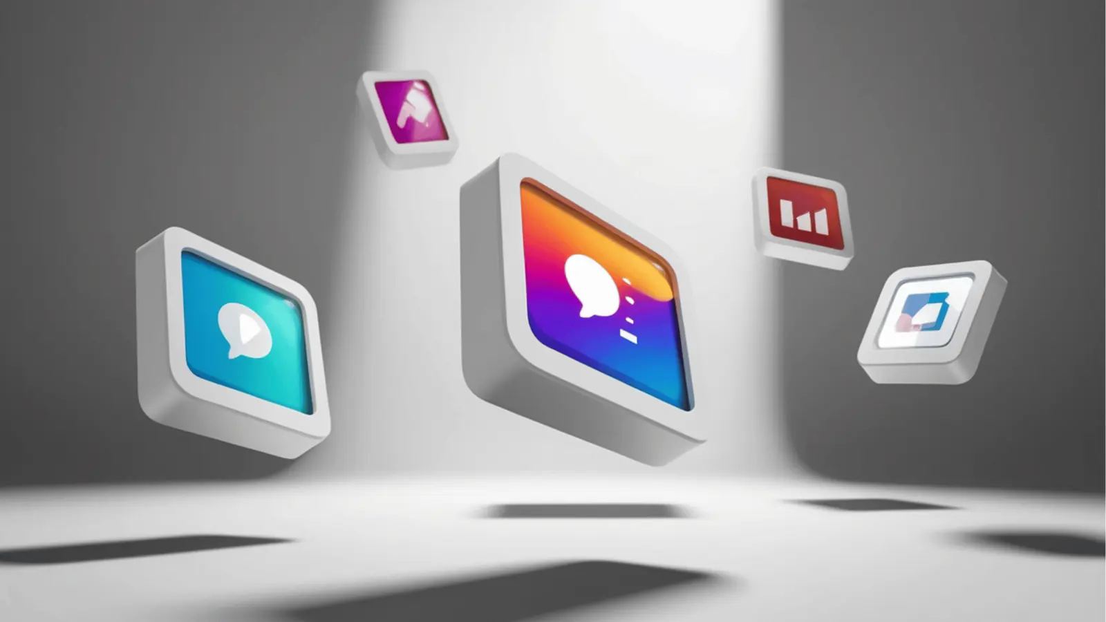 Floating 3D app icons showing chat, play, megaphone, and analytics symbols