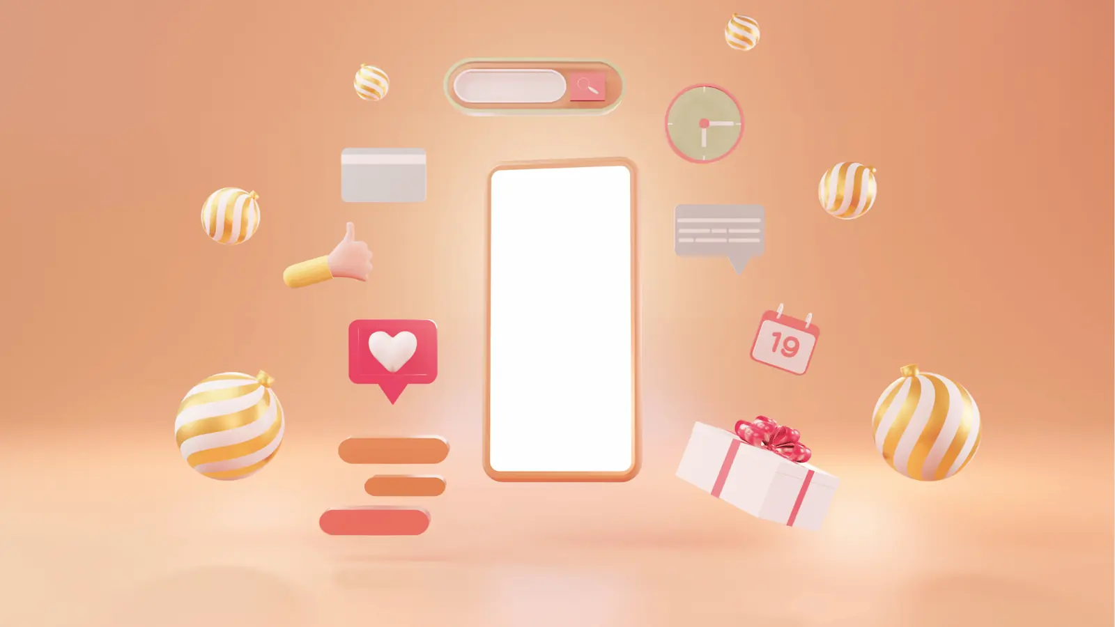 Floating smartphone surrounded by social icons, gift box, and striped ornaments for campaign planning