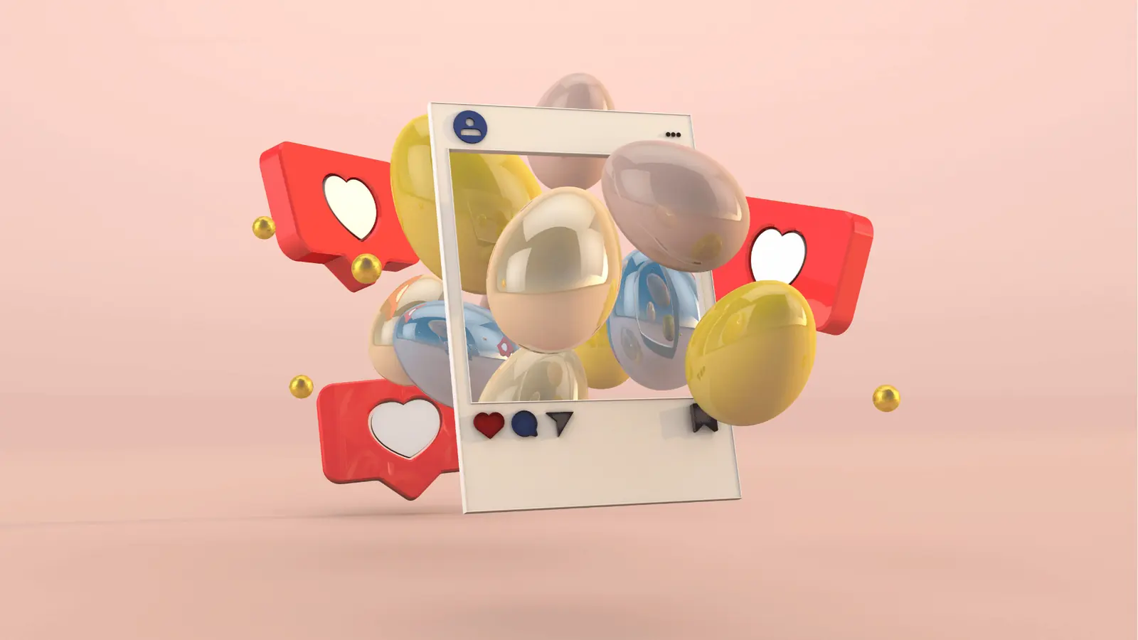 Three-dimensional illustration of floating social media like icons and glossy spheres