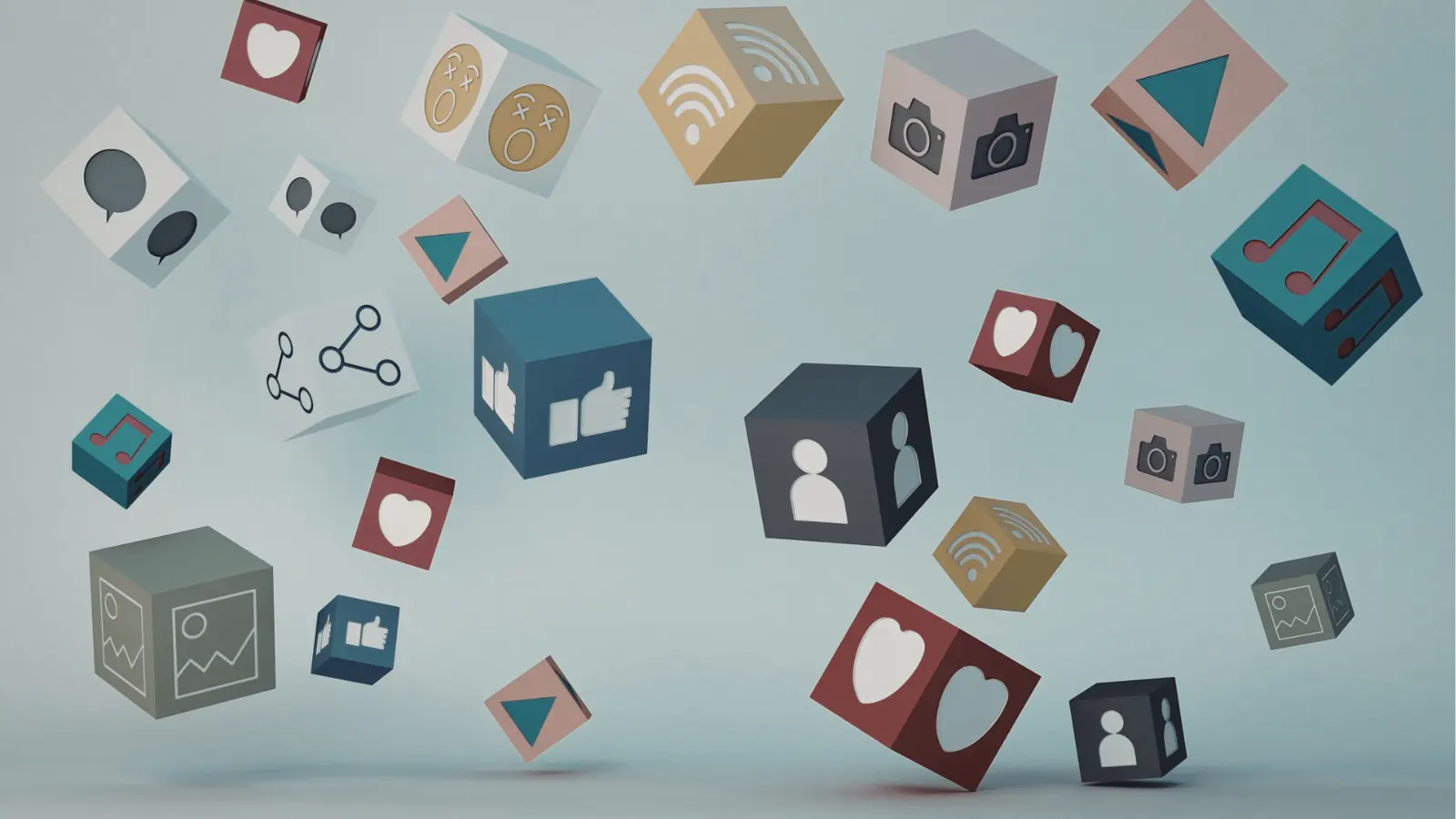 Floating 3D cubes showing various social media icons on pale background