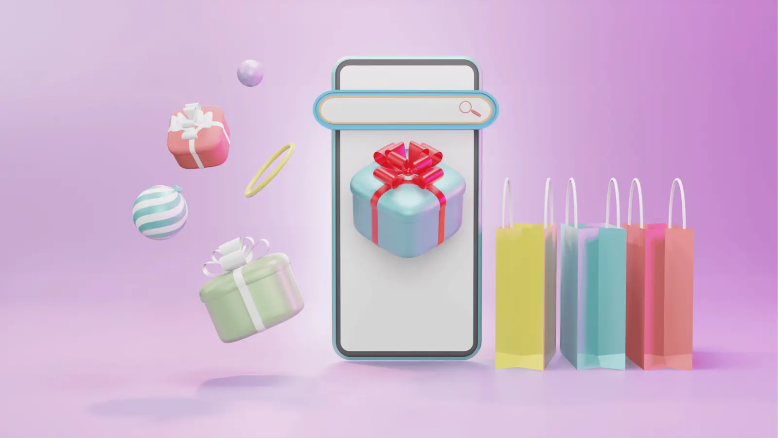 Smartphone displaying a wrapped gift with floating presents and colorful shopping bags