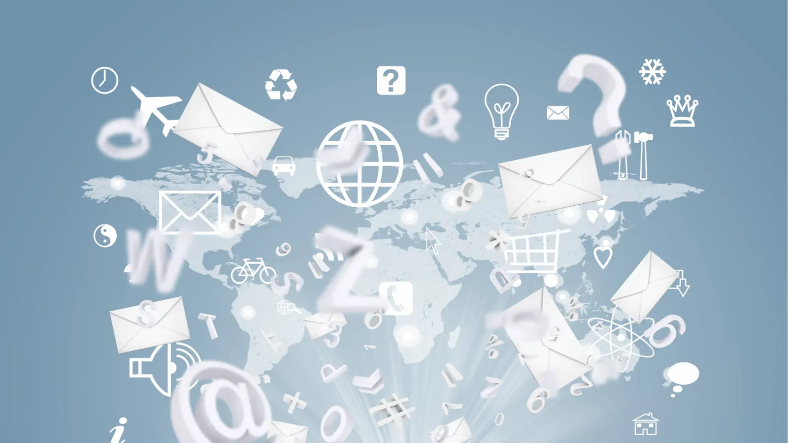 Digital illustration of world map with floating envelopes and communication icons