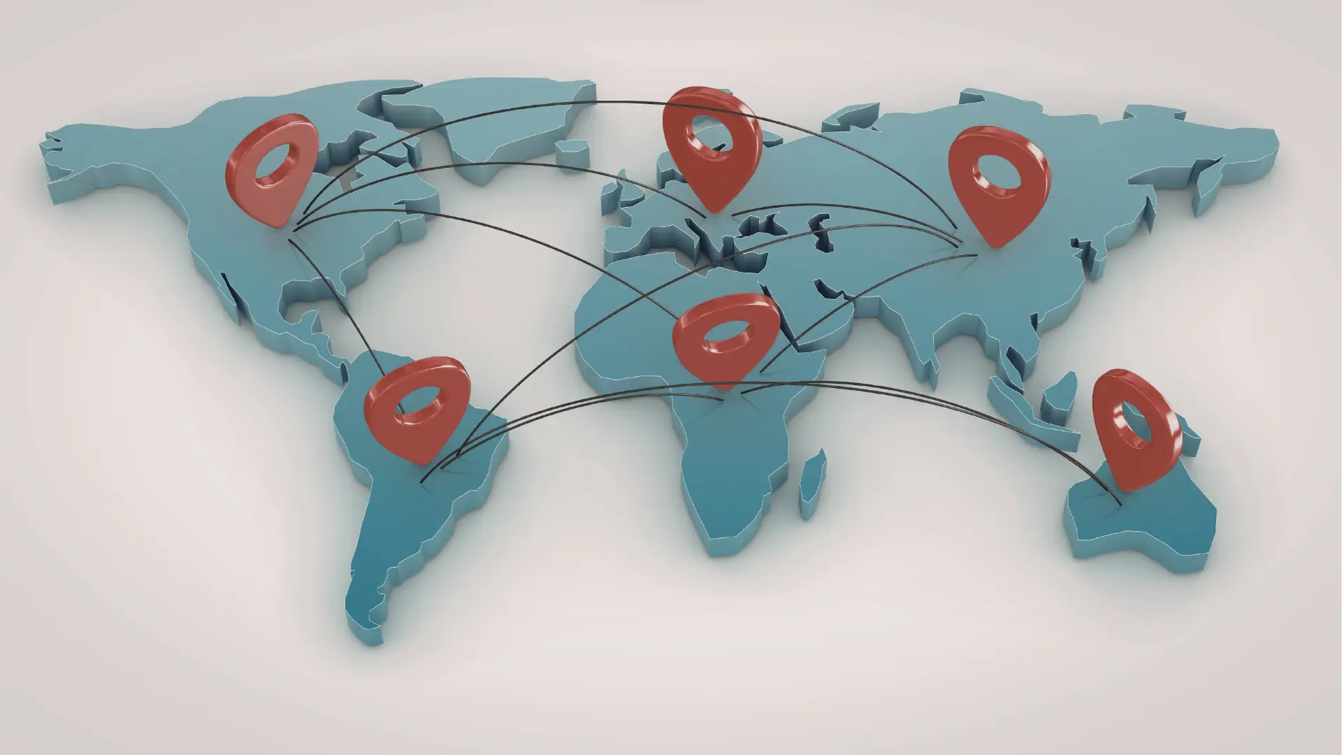 3D world map with red location pins connected by curved lines