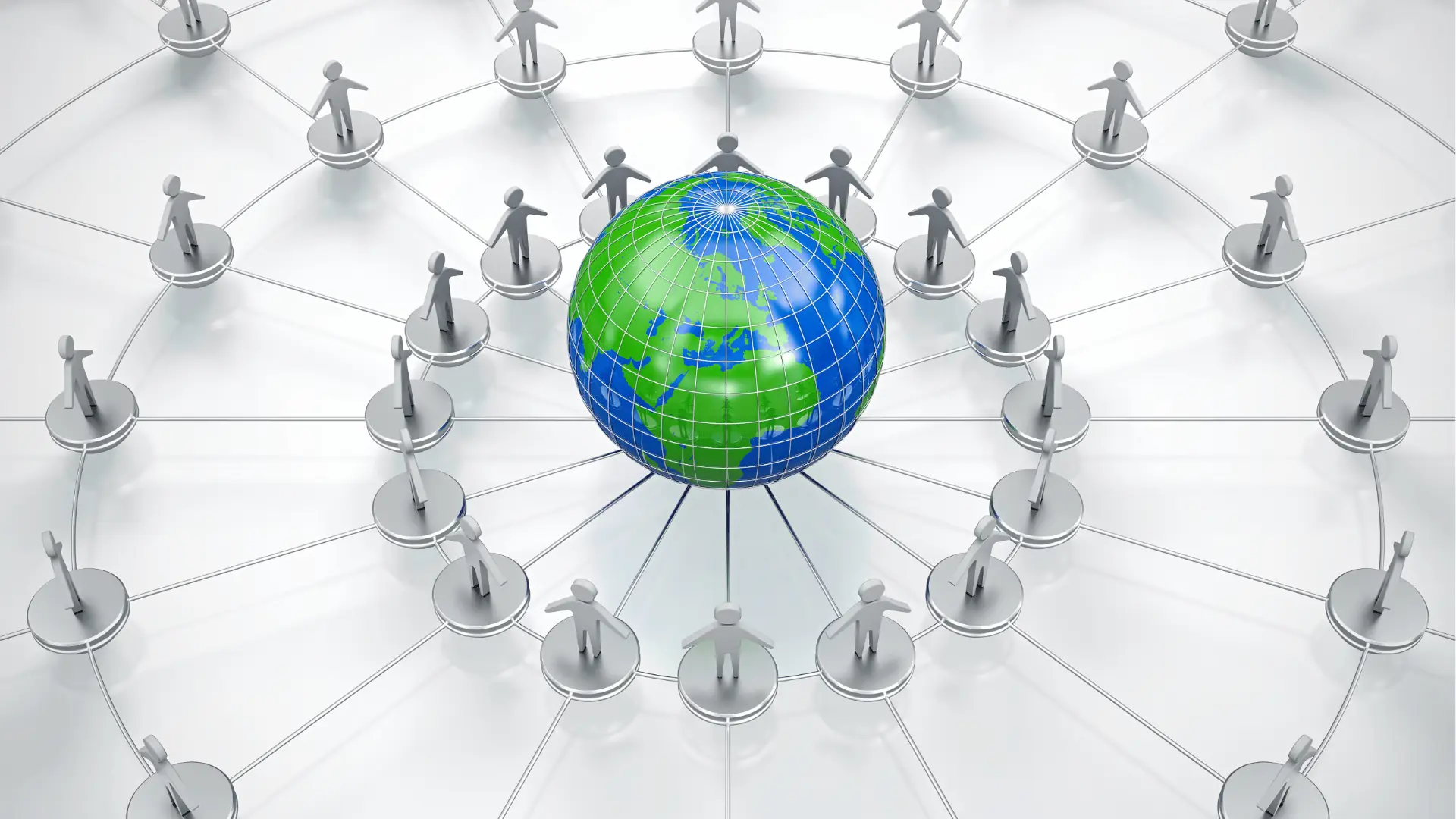 Metallic figurines connected around a central globe representing a global network for scheduling