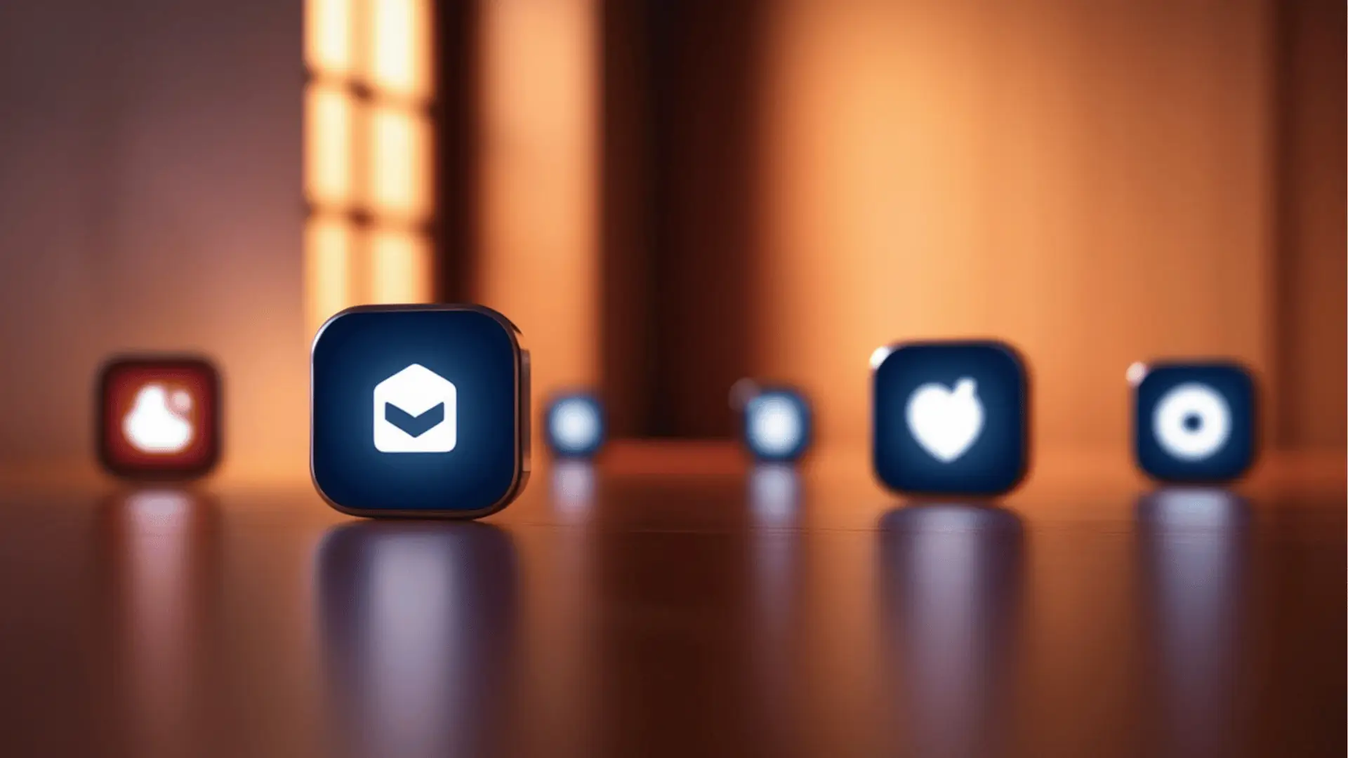 Close-up of glowing rounded app icons on a reflective wooden surface for team collaboration