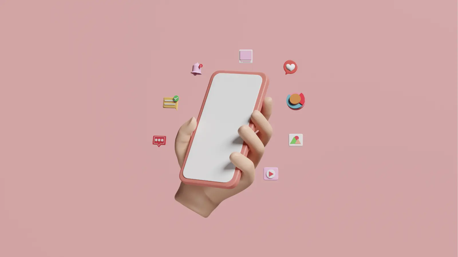 3D hand holding pink smartphone with floating app icons on pink background for content calendar