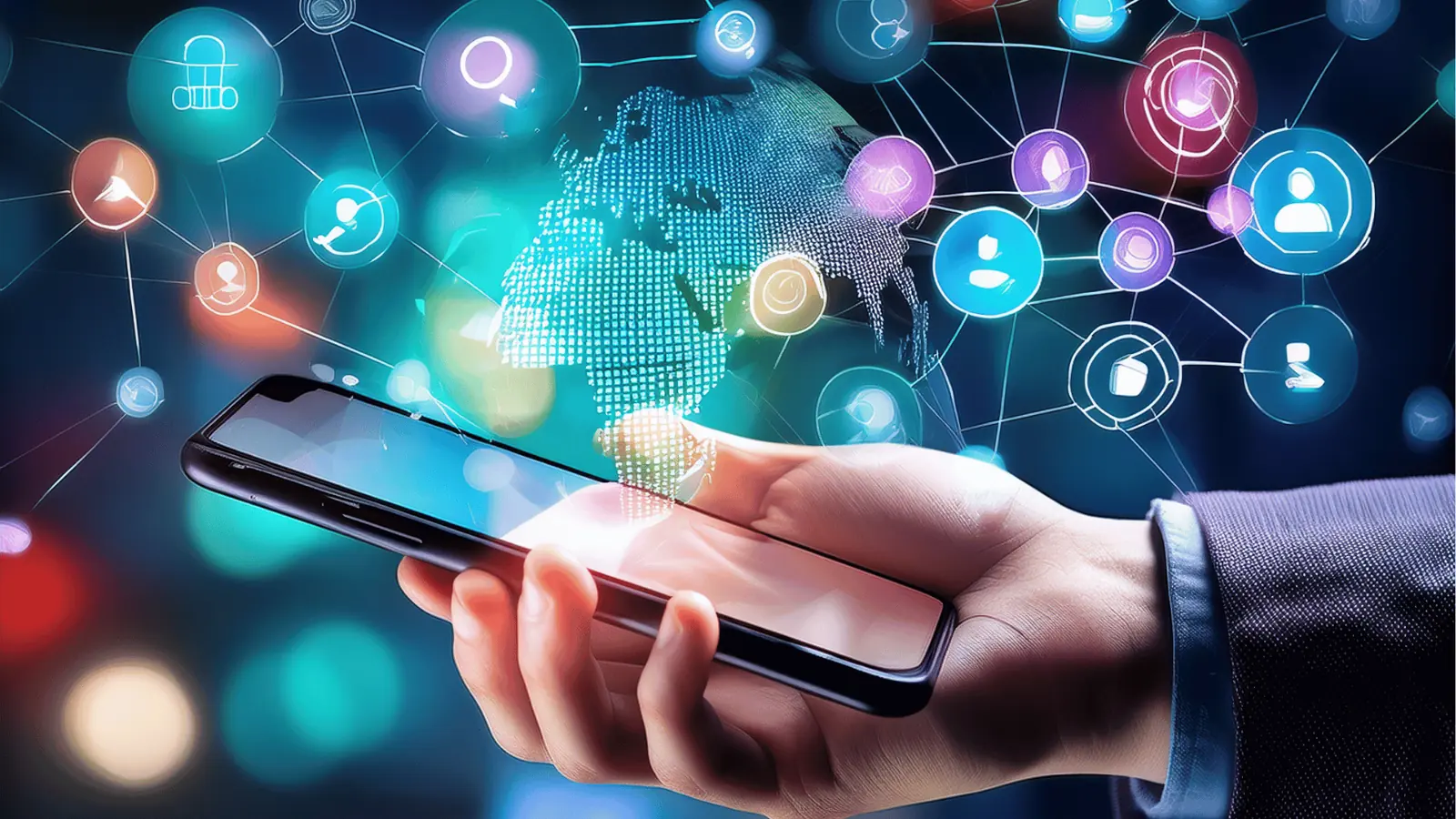 Hand holding smartphone with holographic globe and digital network icons above screen for reporting