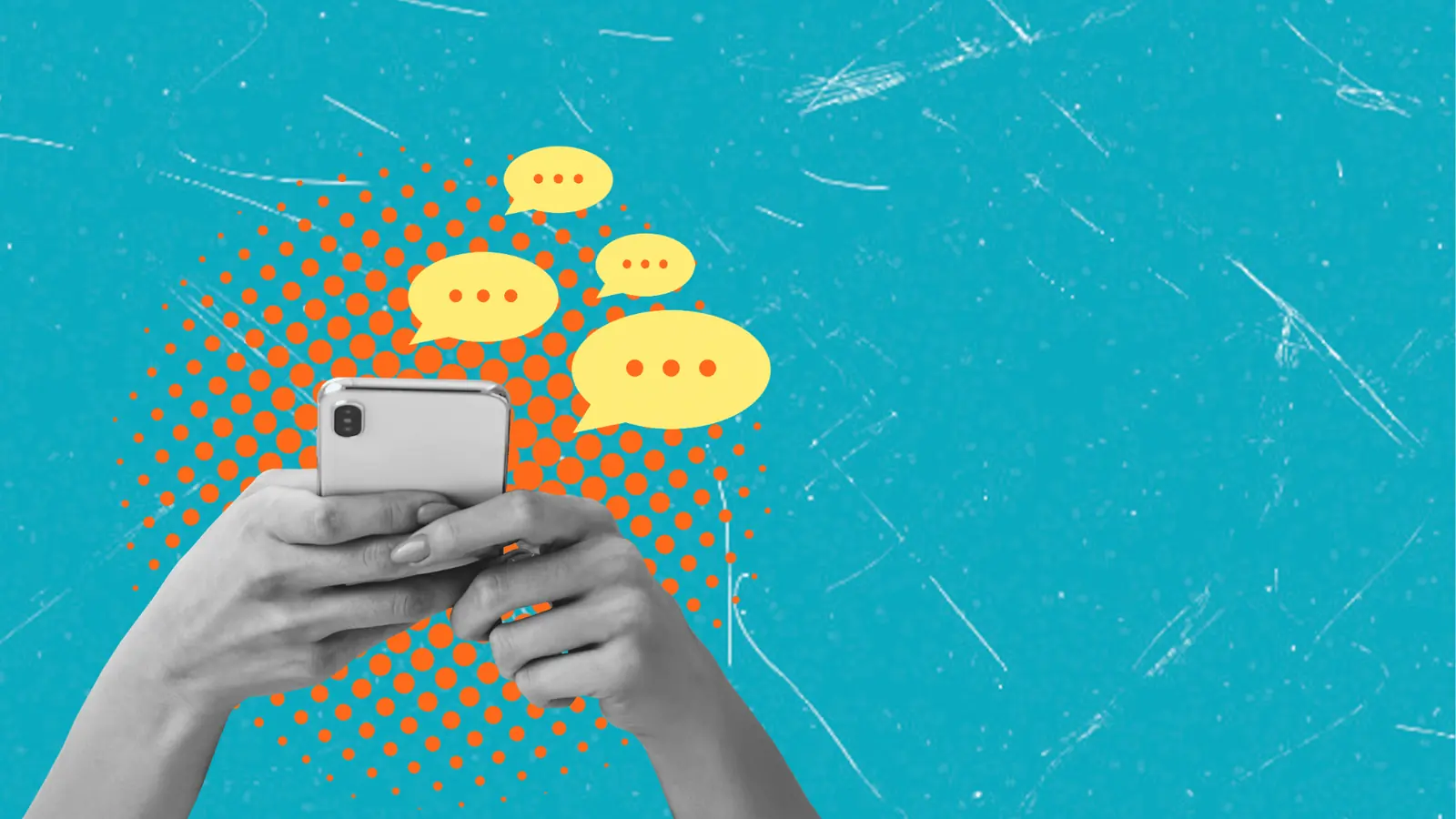 Hands holding smartphone with yellow chat bubbles over a teal background for automation