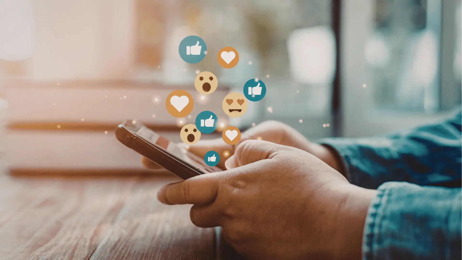 Close-up of hands holding smartphone with floating social reaction icons above screen
