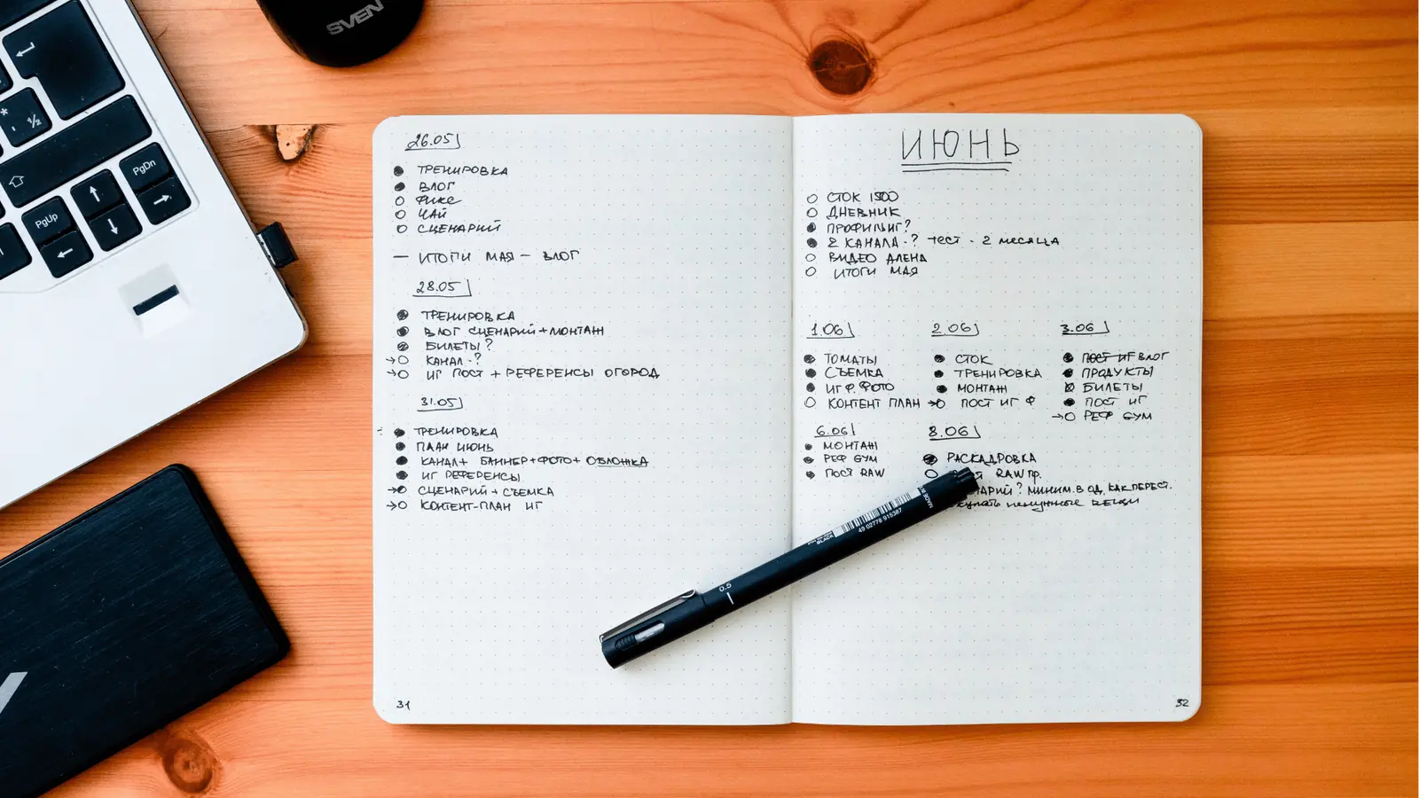 Open dotted notebook with handwritten June plan, pen and laptop on desk