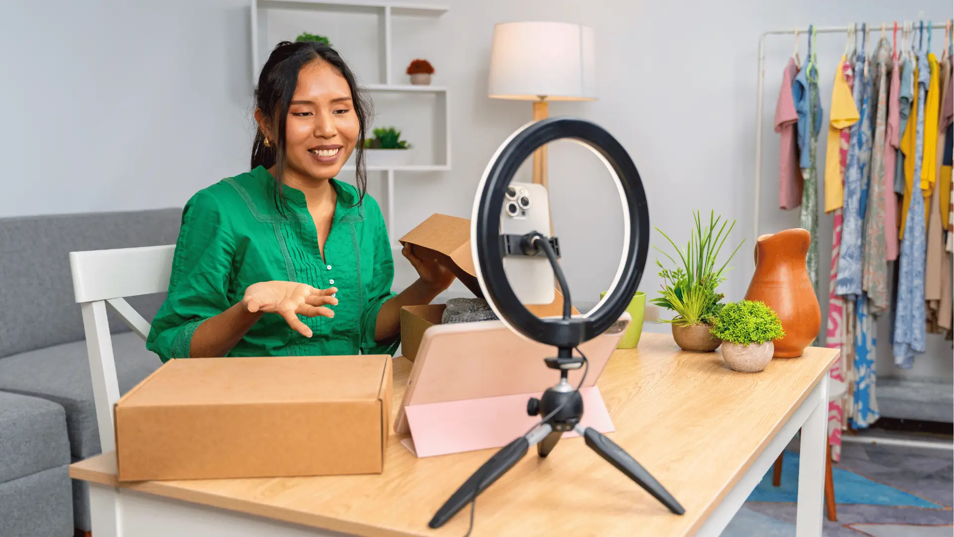 Woman smiling while unboxing products at a table with ring light for multi-brand management