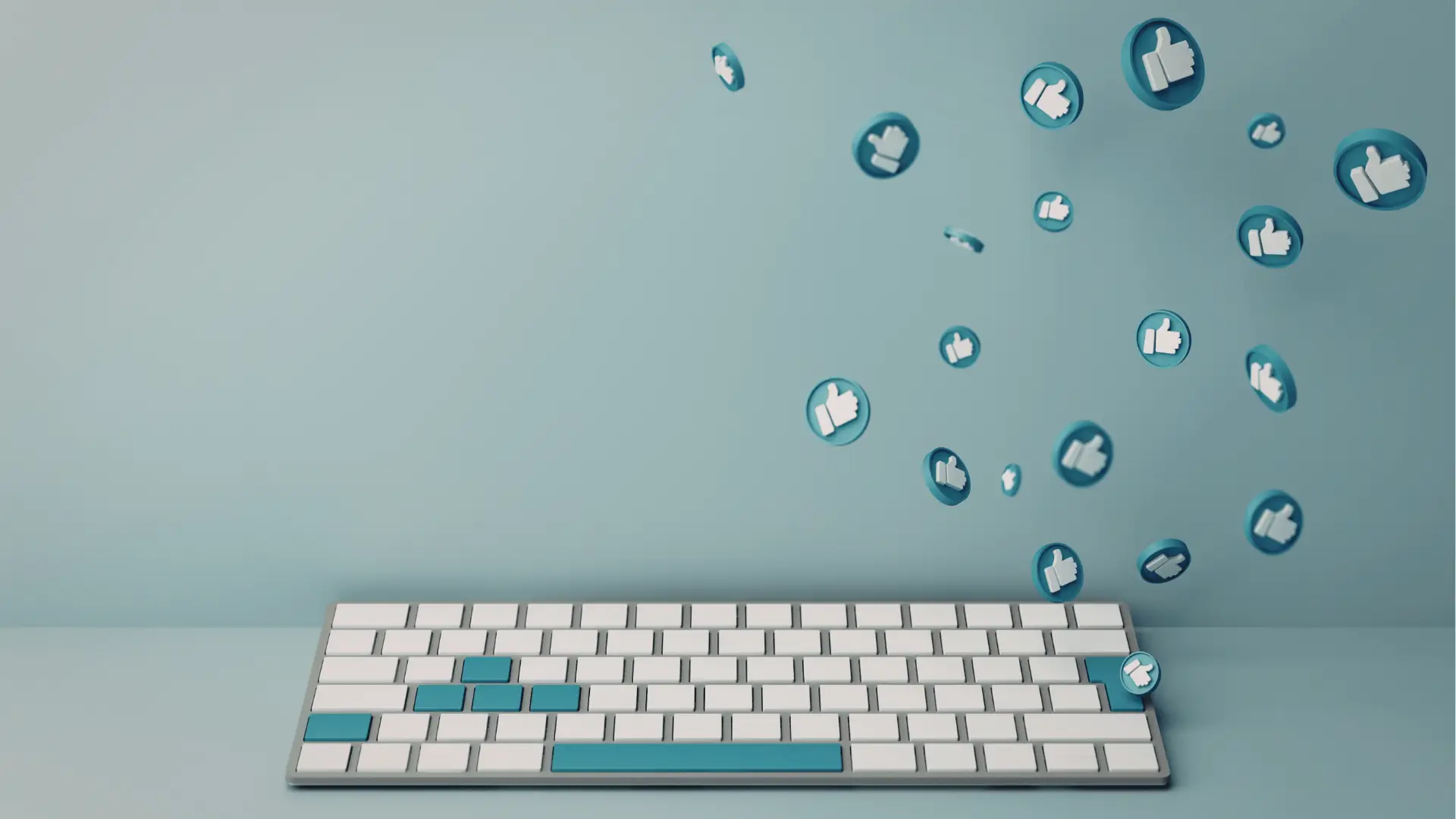 White keyboard with teal keys and floating thumbs-up icons on teal background for content calendar