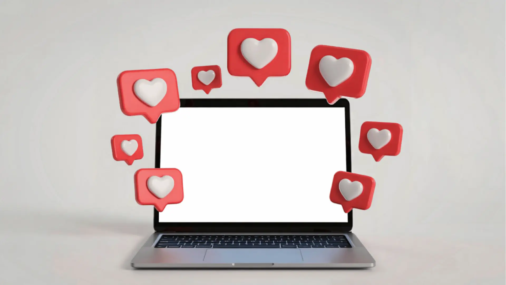 Laptop with blank white screen surrounded by floating red like icons for asset management