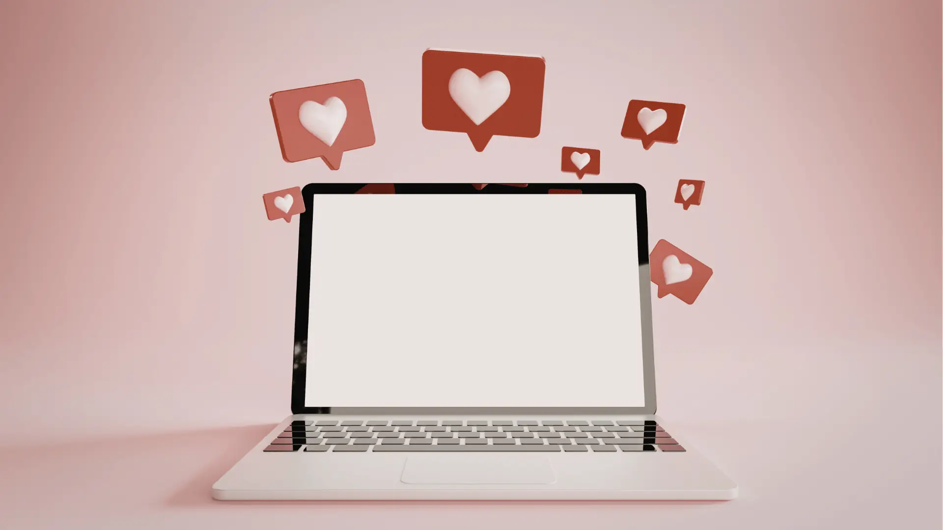 Open laptop with blank screen and floating heart like notifications for automation