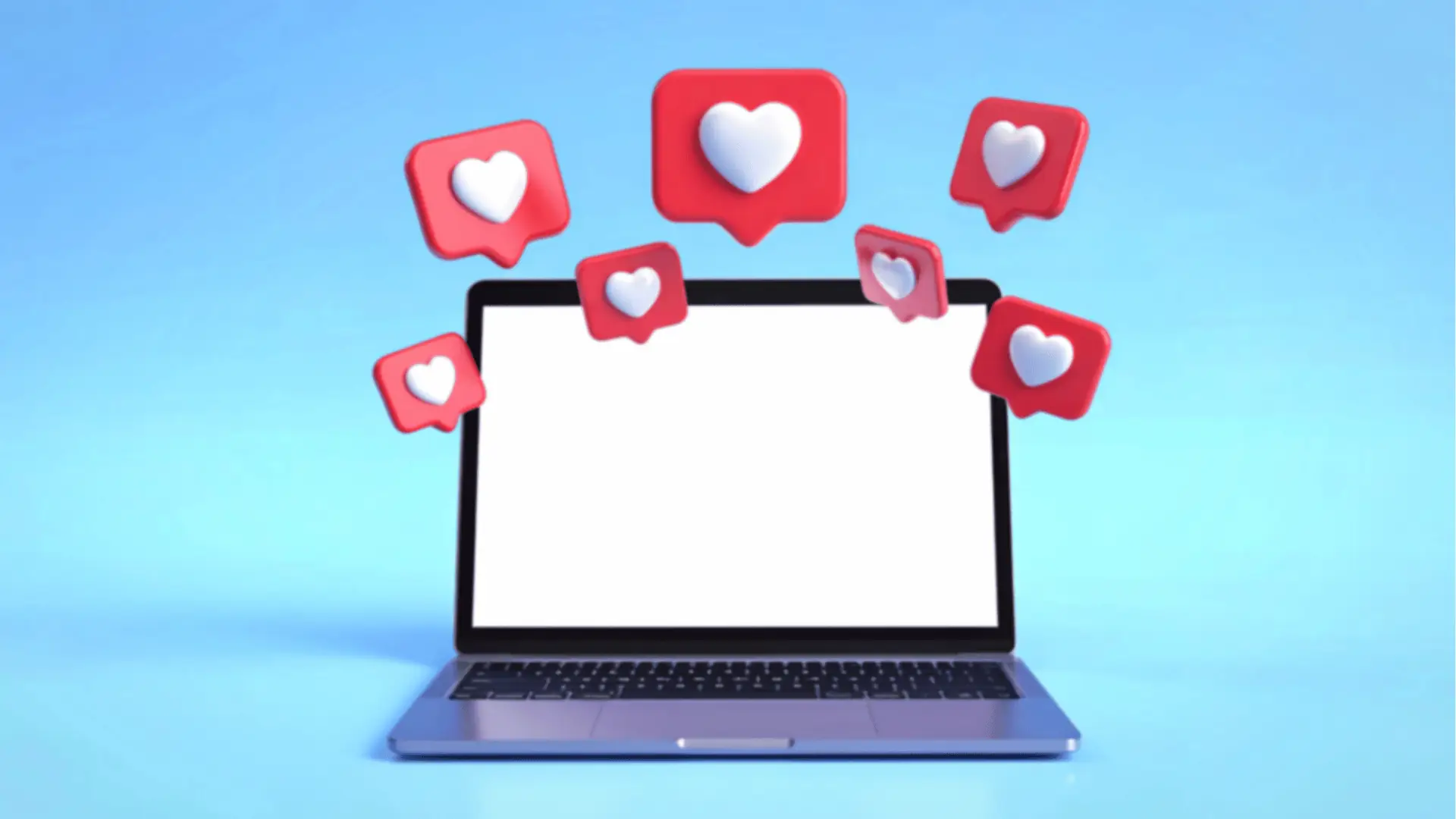 Open laptop with blank white screen and floating red heart notification badges