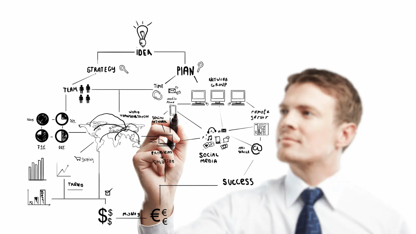 Man drawing business and social media strategy diagram on transparent board
