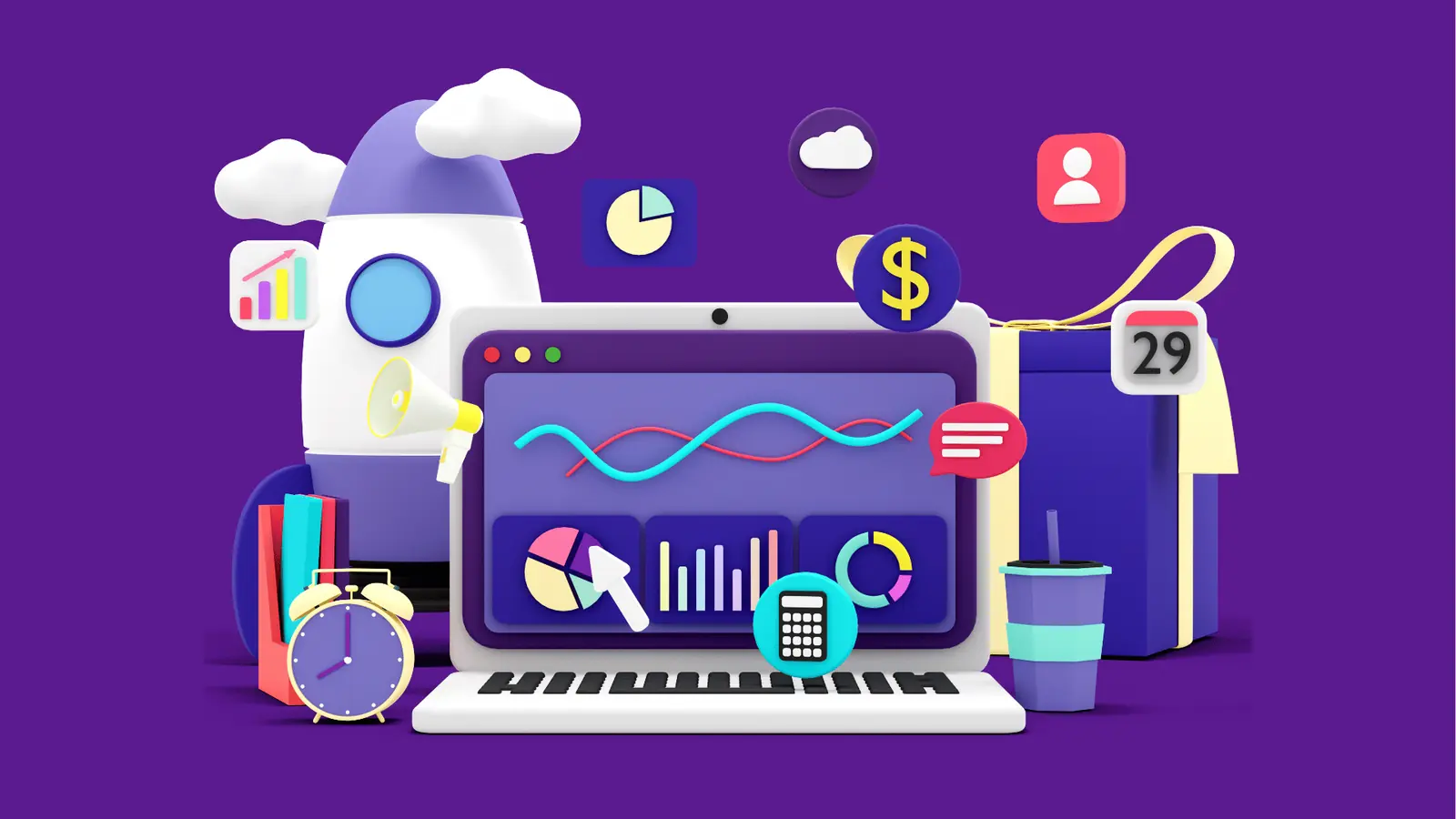 Three-dimensional illustration of laptop dashboard with charts, rocket, clock, and shopping bag