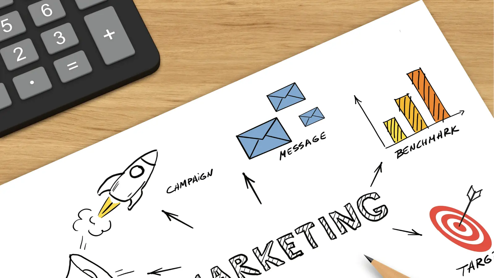 Paper with hand-drawn marketing sketches beside a calculator and pencil