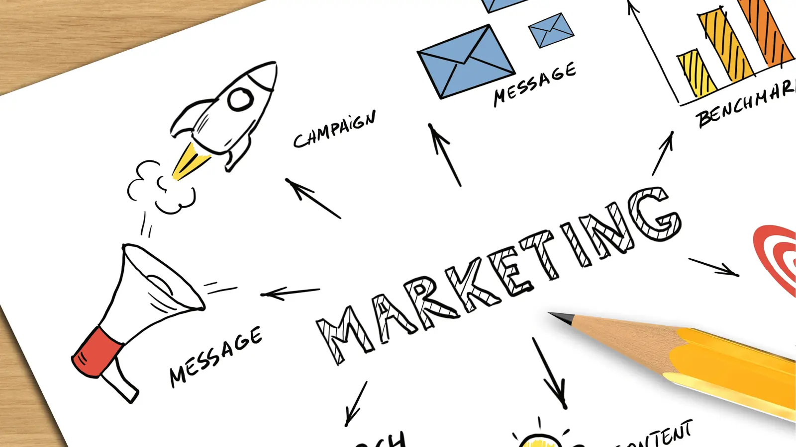 Overhead view of a marketing sketch with icons and a pencil