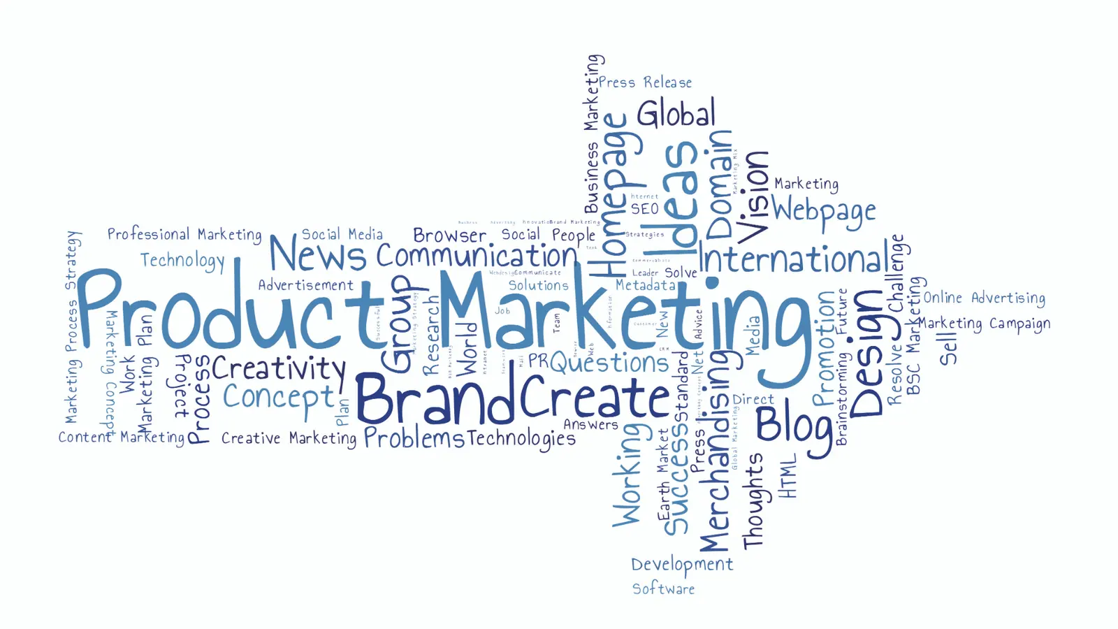 Blue word cloud of marketing and brand terms on white background