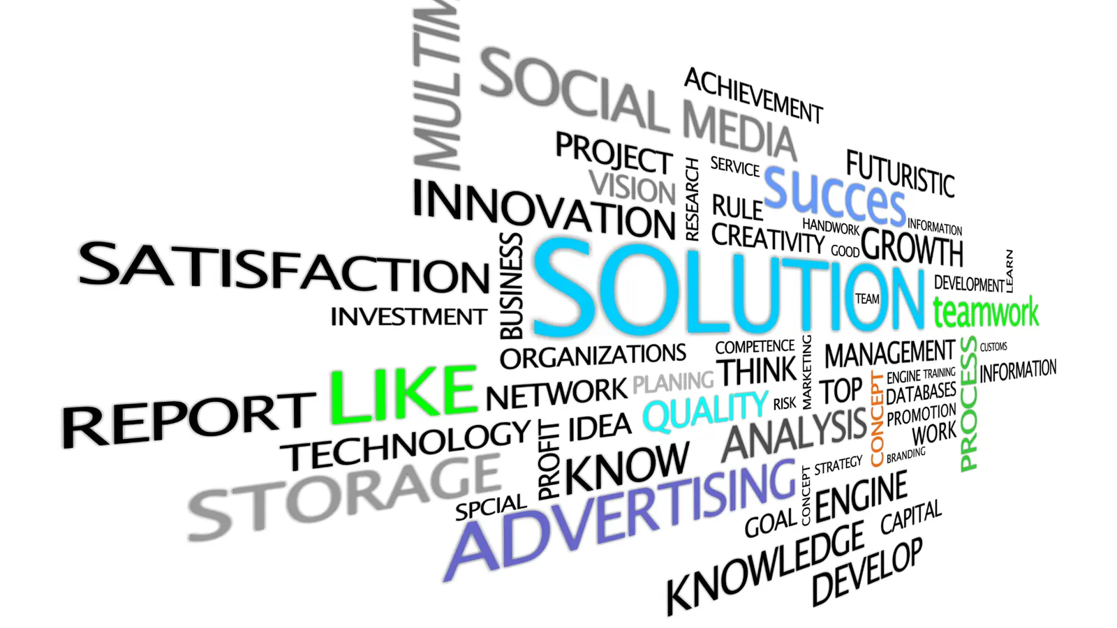 3D perspective word cloud with business and marketing terms on white background