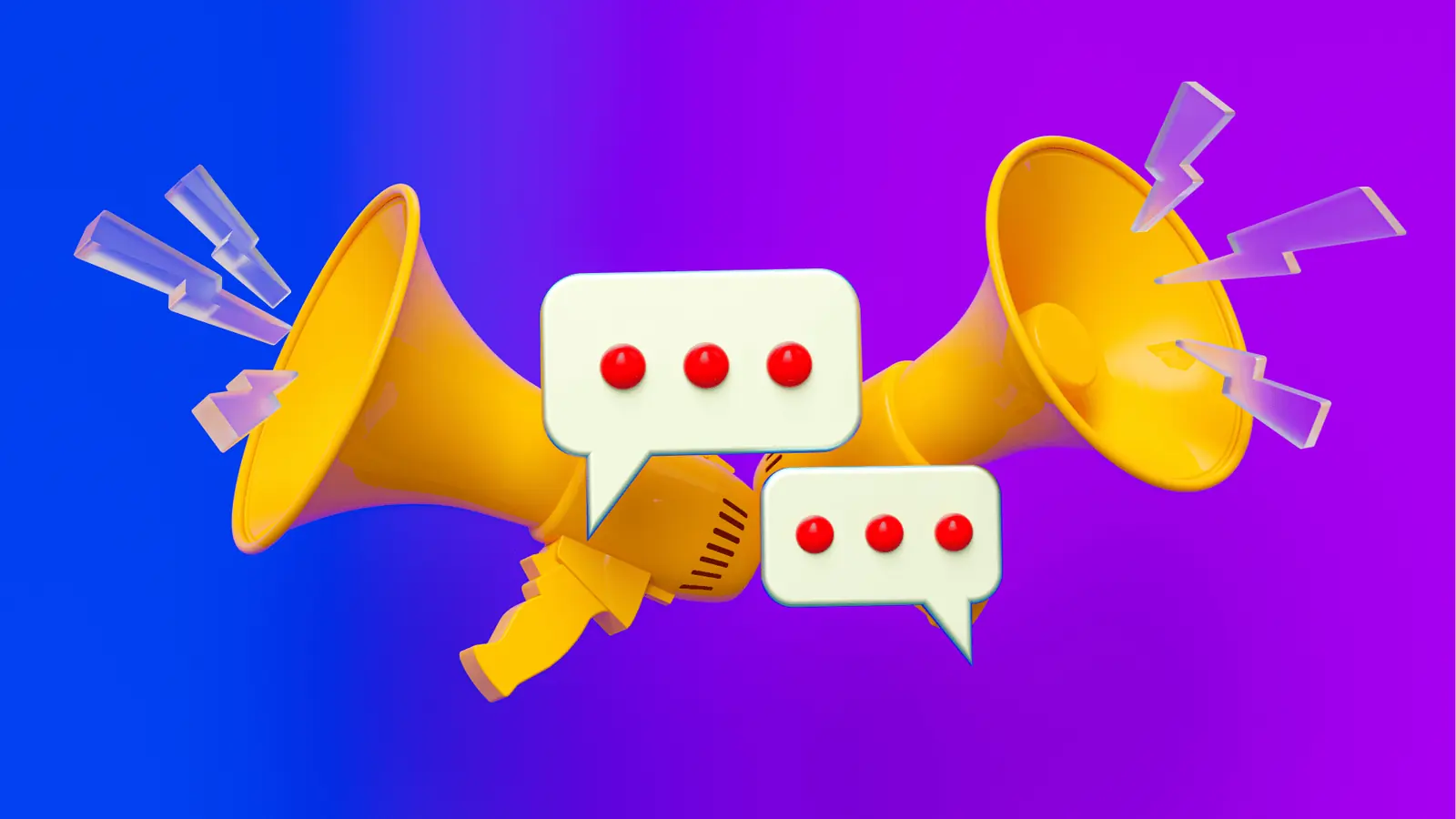 Two yellow megaphones with chat bubbles and sound icons on purple gradient